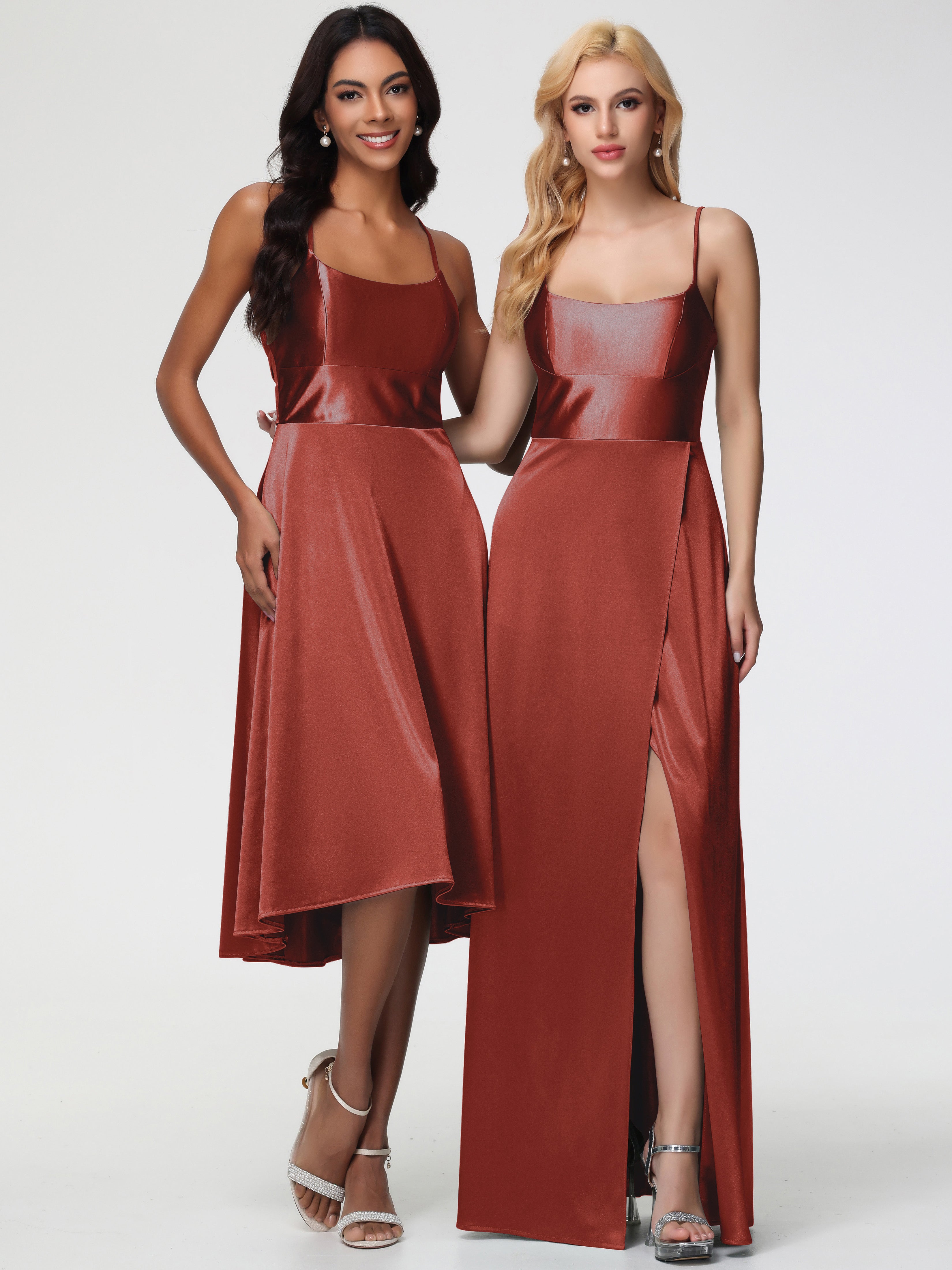 Robe Demoiselle D Honneur Rouille Bretelles Spaghetti Satin Extensible Robe Demoiselle D Honneur Asymétrique