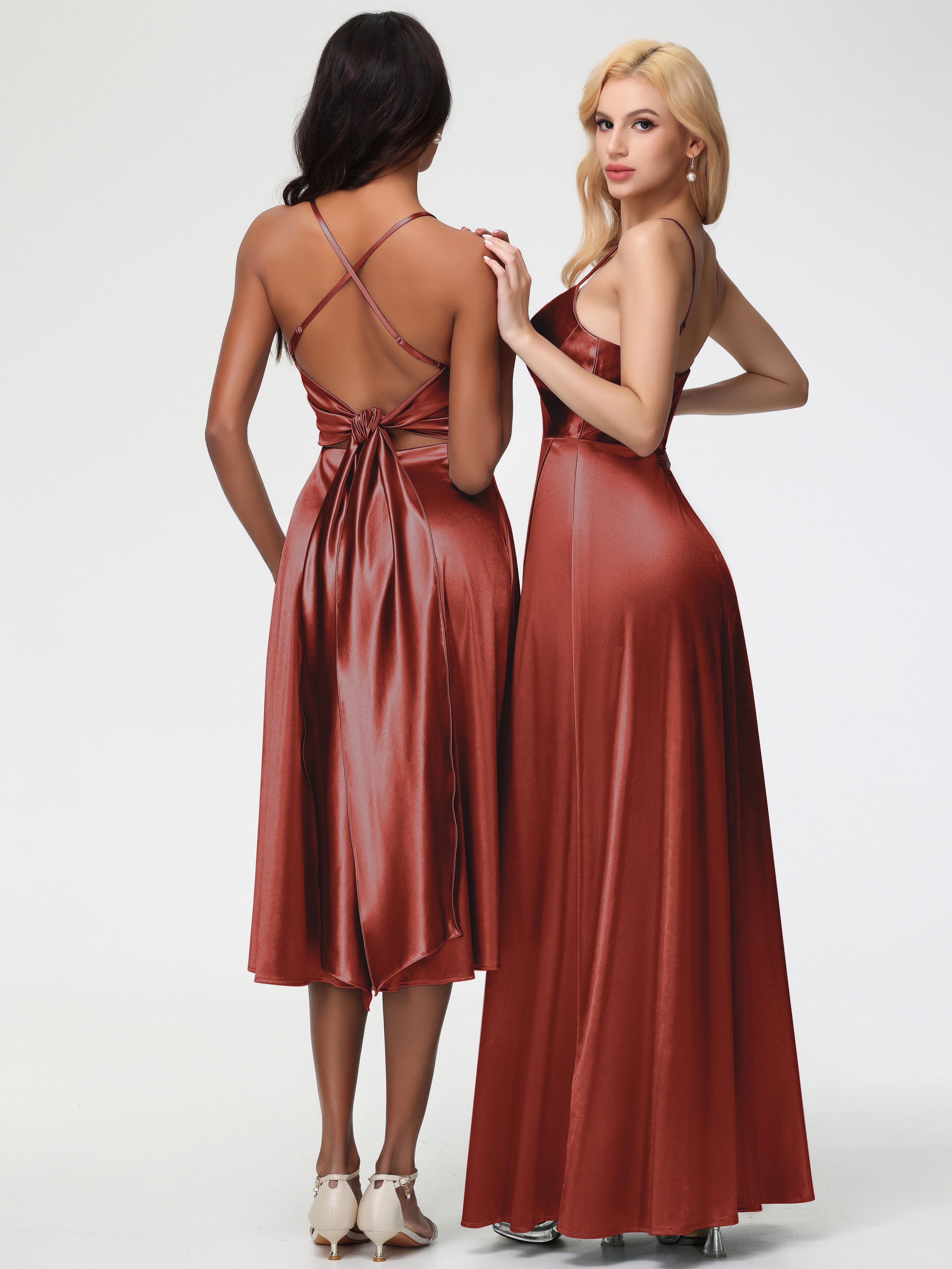 Robe Demoiselle D Honneur Rouille Bretelles Spaghetti Satin Extensible Robe Demoiselle D Honneur Asymétrique