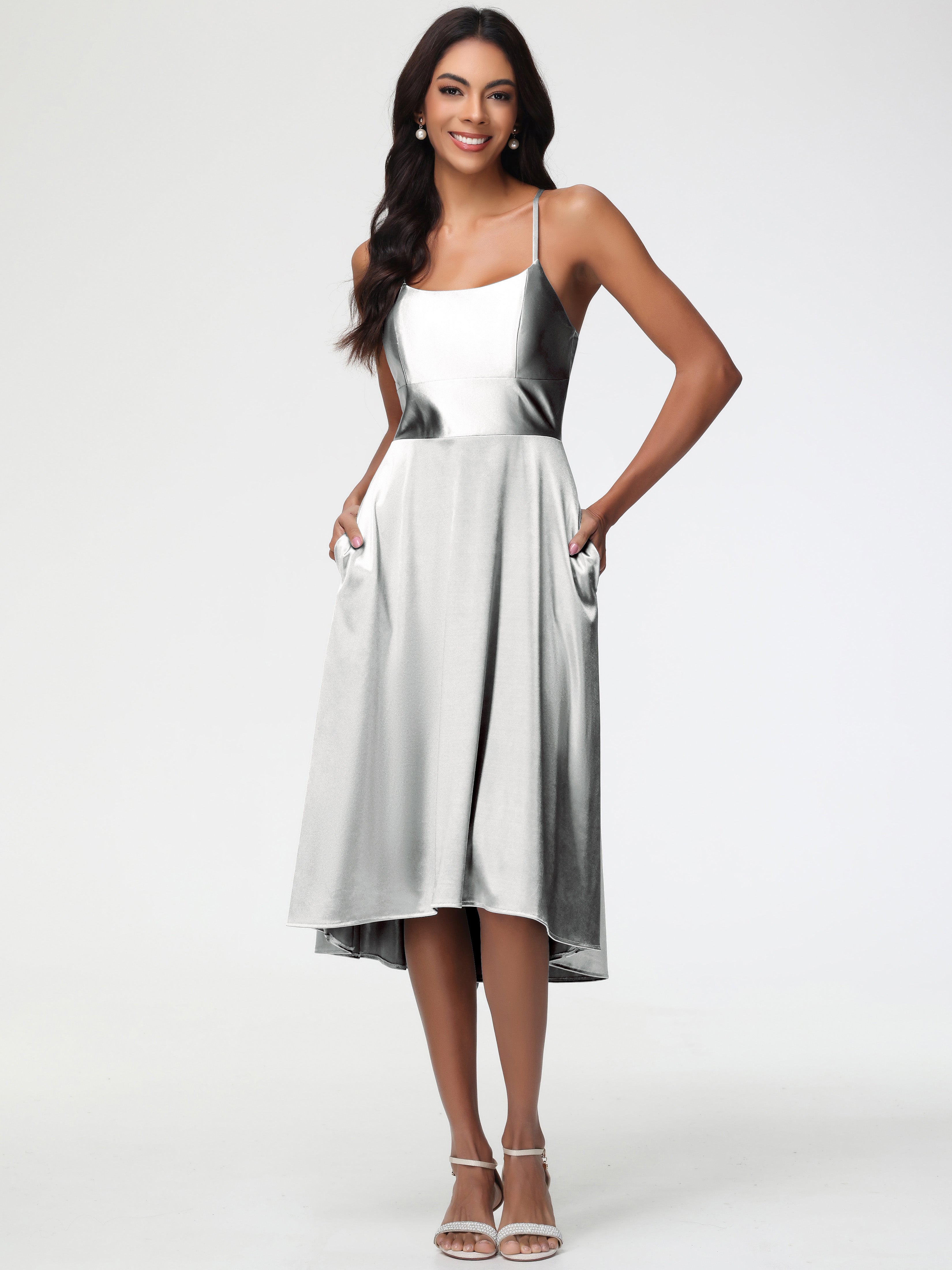 Robe Demoiselle D Honneur Argenté Bretelles Spaghetti Satin Extensible Robe Demoiselle D Honneur Asymétrique