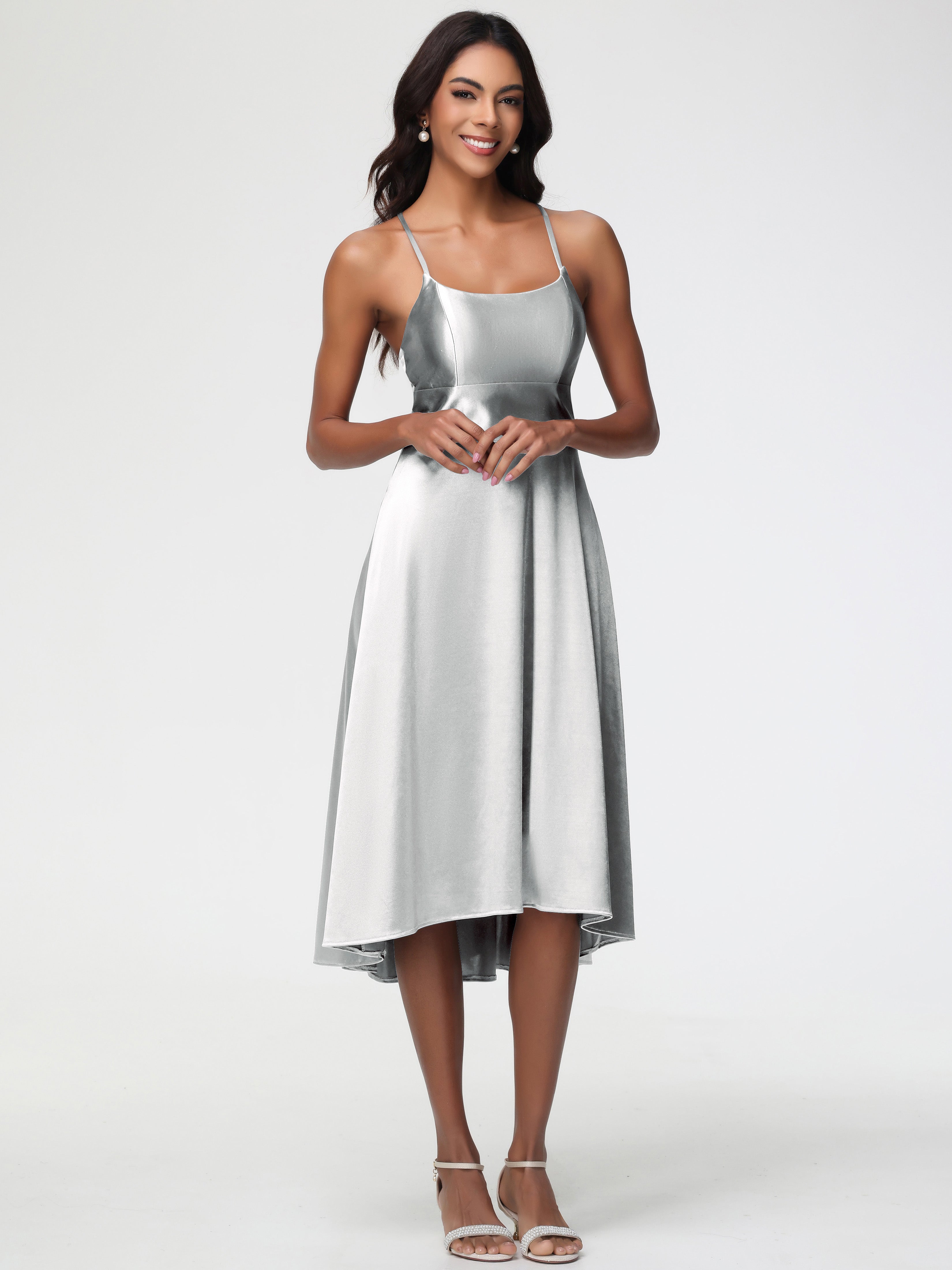 Robe Demoiselle D Honneur Argenté Bretelles Spaghetti Satin Extensible Robe Demoiselle D Honneur Asymétrique