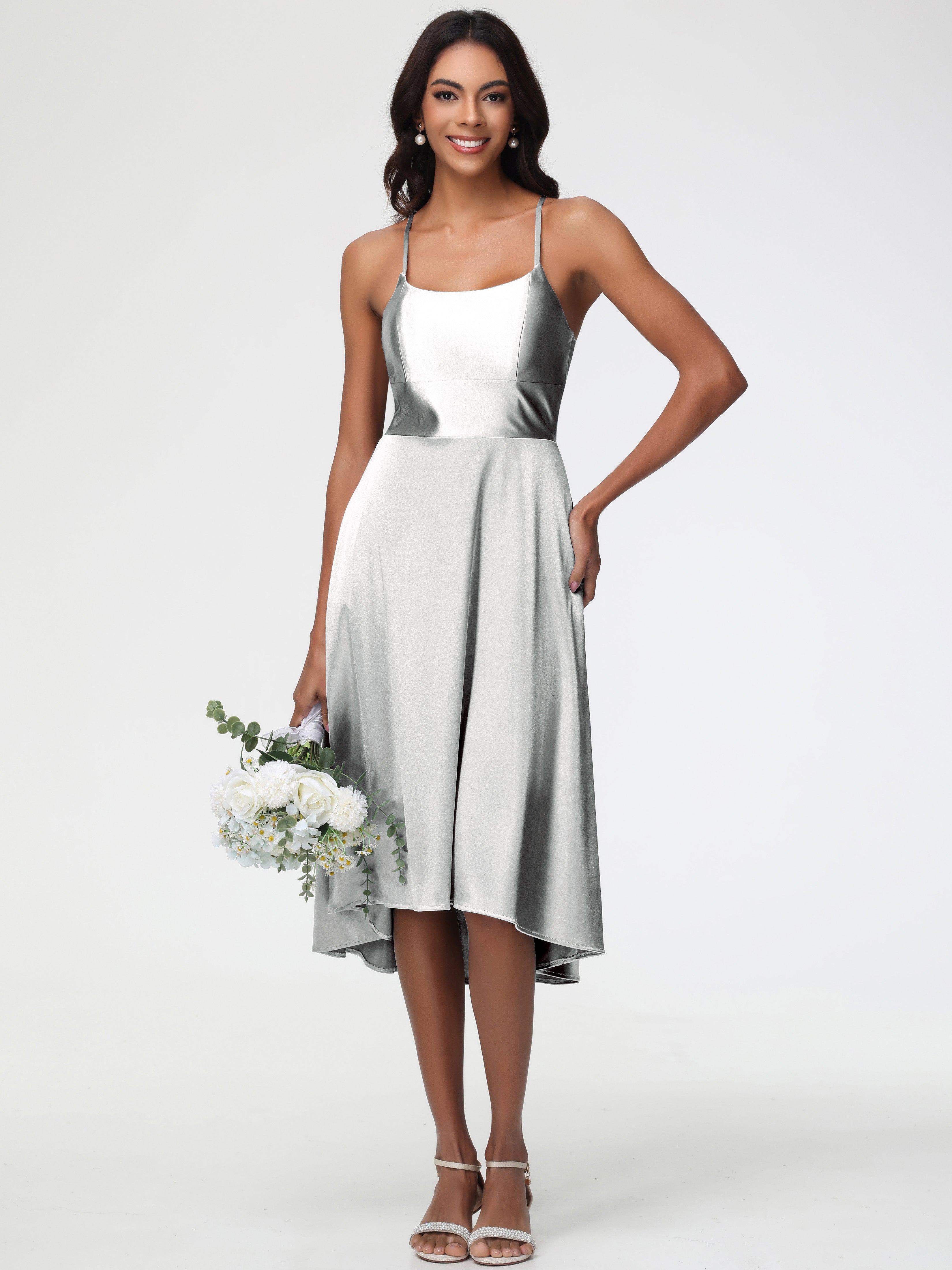 Robe Demoiselle D Honneur Argenté Bretelles Spaghetti Satin Extensible Robe Demoiselle D Honneur Asymétrique