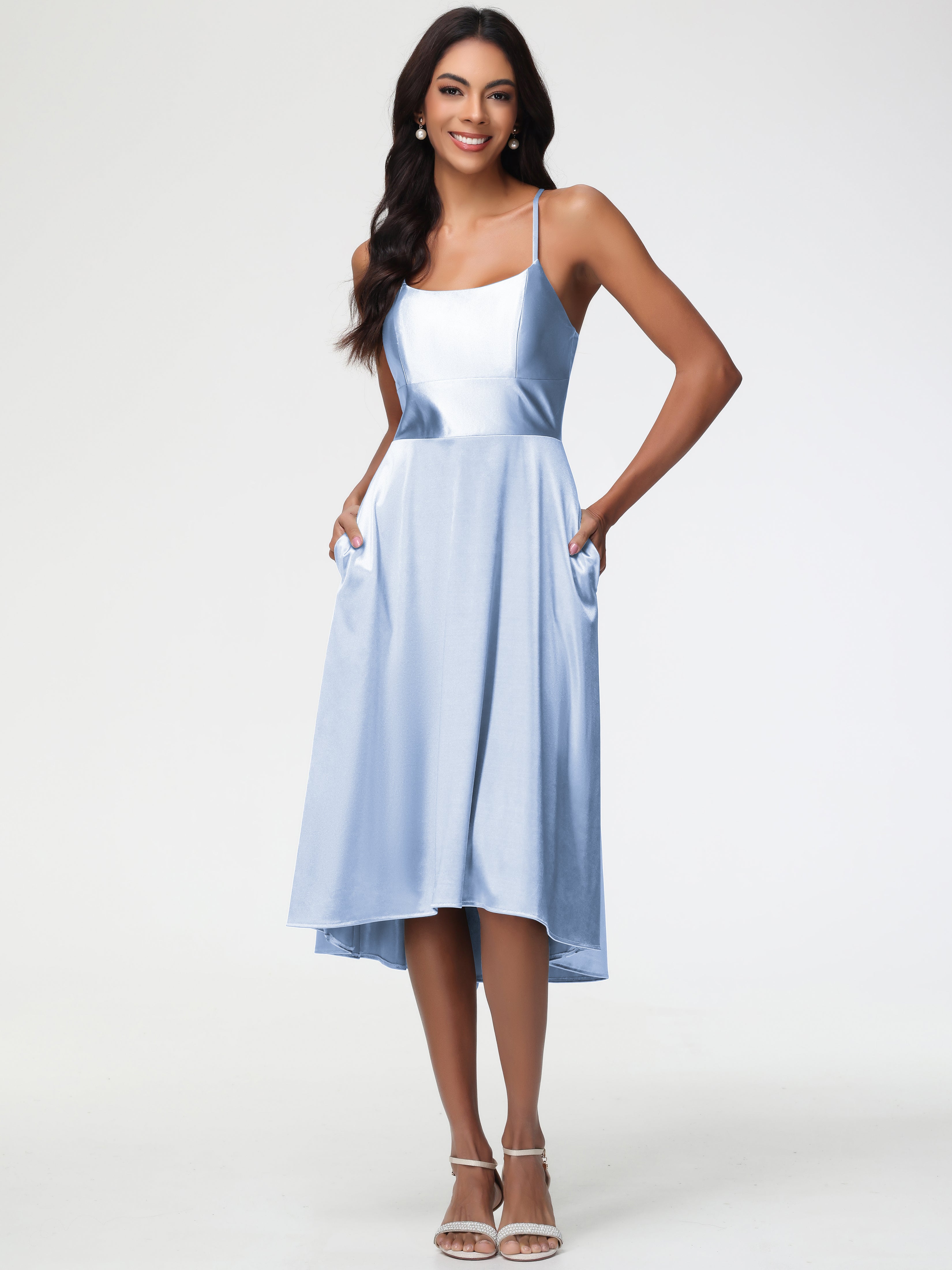 Robe Demoiselle D Honneur Bleu Ciel Bretelles Spaghetti Satin Extensible Robe Demoiselle D Honneur Asymétrique