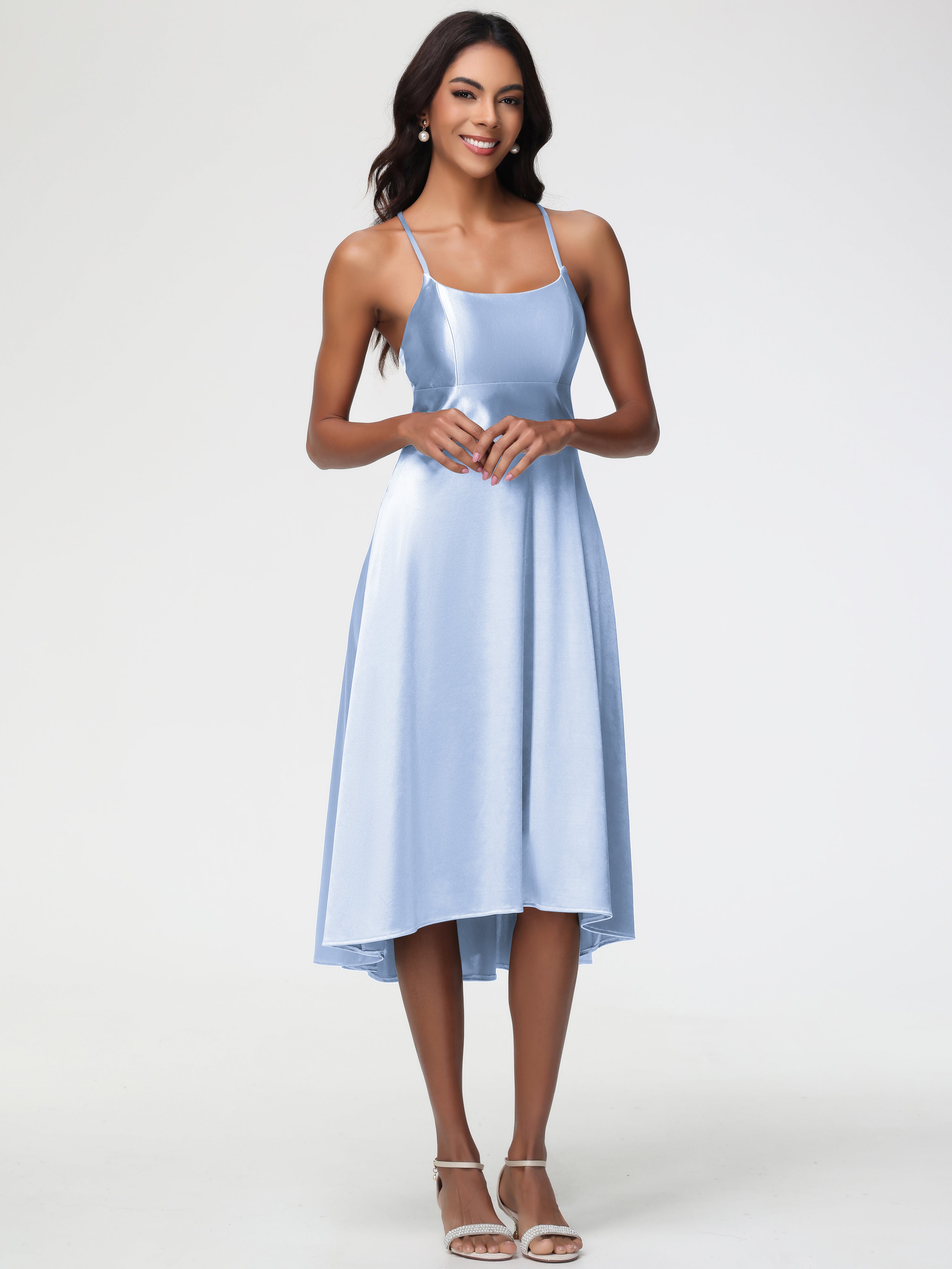 Robe Demoiselle D Honneur Bleu Ciel Bretelles Spaghetti Satin Extensible Robe Demoiselle D Honneur Asymétrique