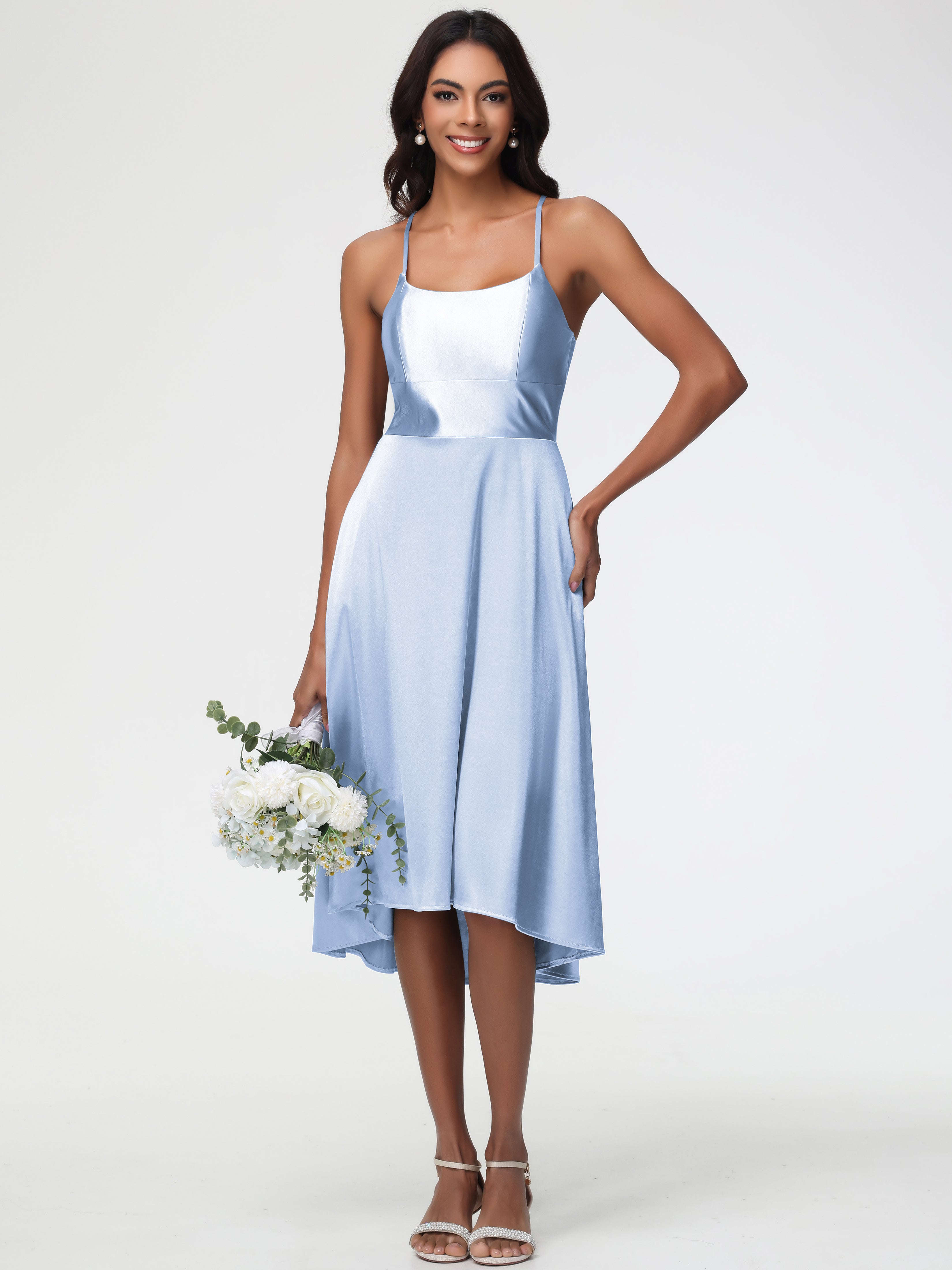 Robe Demoiselle D Honneur Bleu Ciel Bretelles Spaghetti Satin Extensible Robe Demoiselle D Honneur Asymétrique