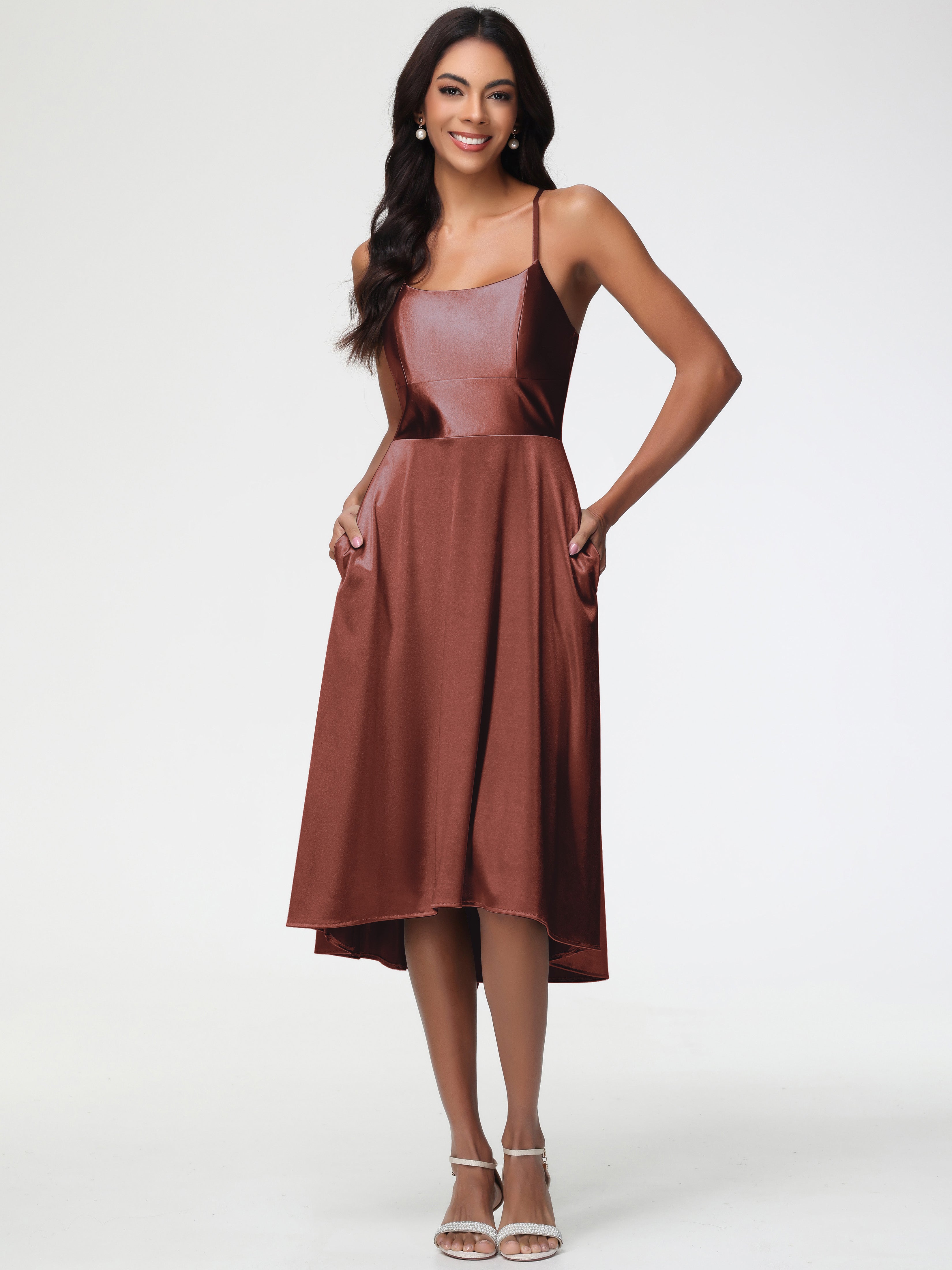 Robe Demoiselle D Honneur Terre Cuite Bretelles Spaghetti Satin Extensible Robe Demoiselle D Honneur Asymétrique