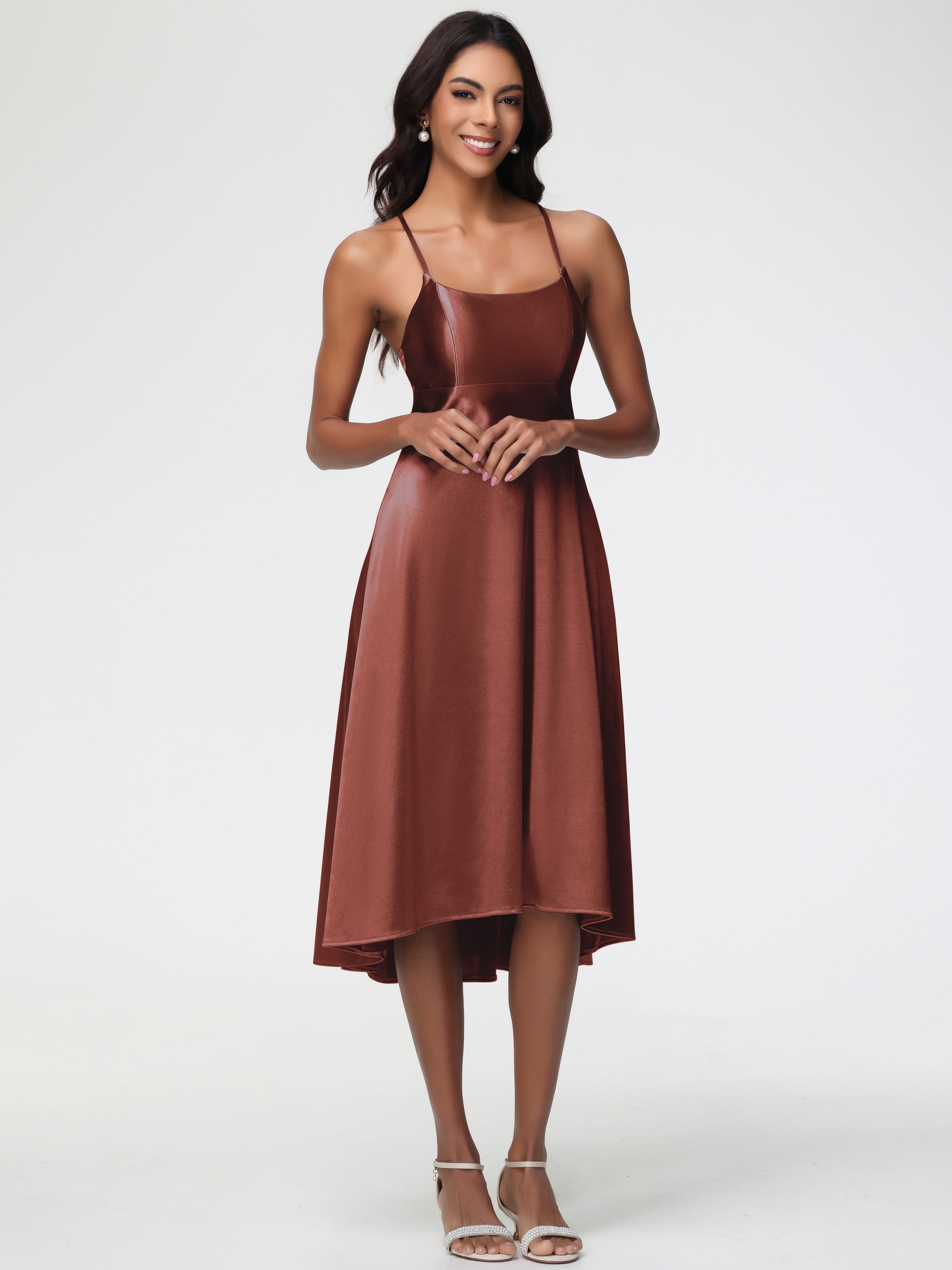 Robe Demoiselle D Honneur Terre Cuite Bretelles Spaghetti Satin Extensible Robe Demoiselle D Honneur Asymétrique