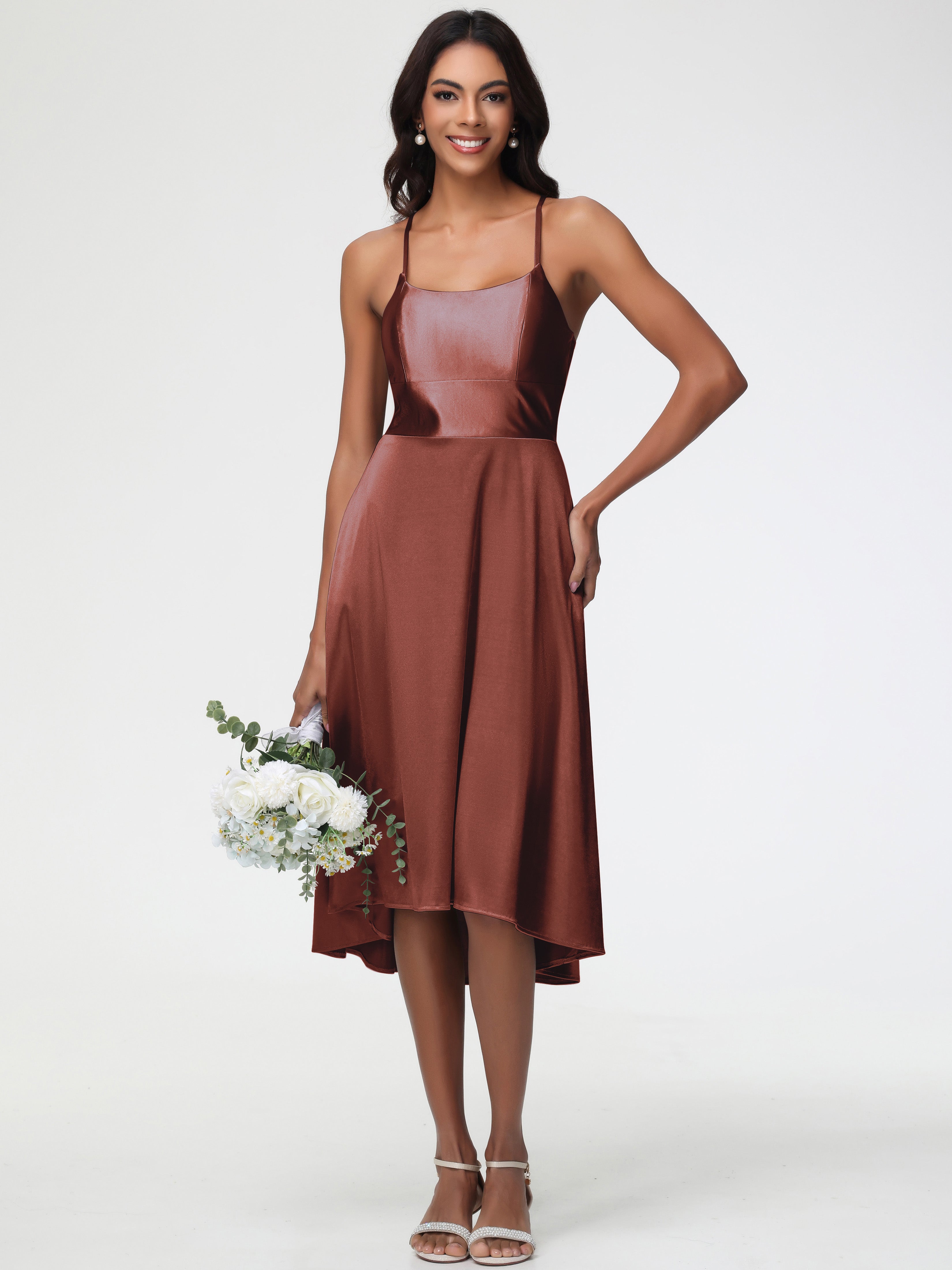 Robe Demoiselle D Honneur Terre Cuite Bretelles Spaghetti Satin Extensible Robe Demoiselle D Honneur Asymétrique