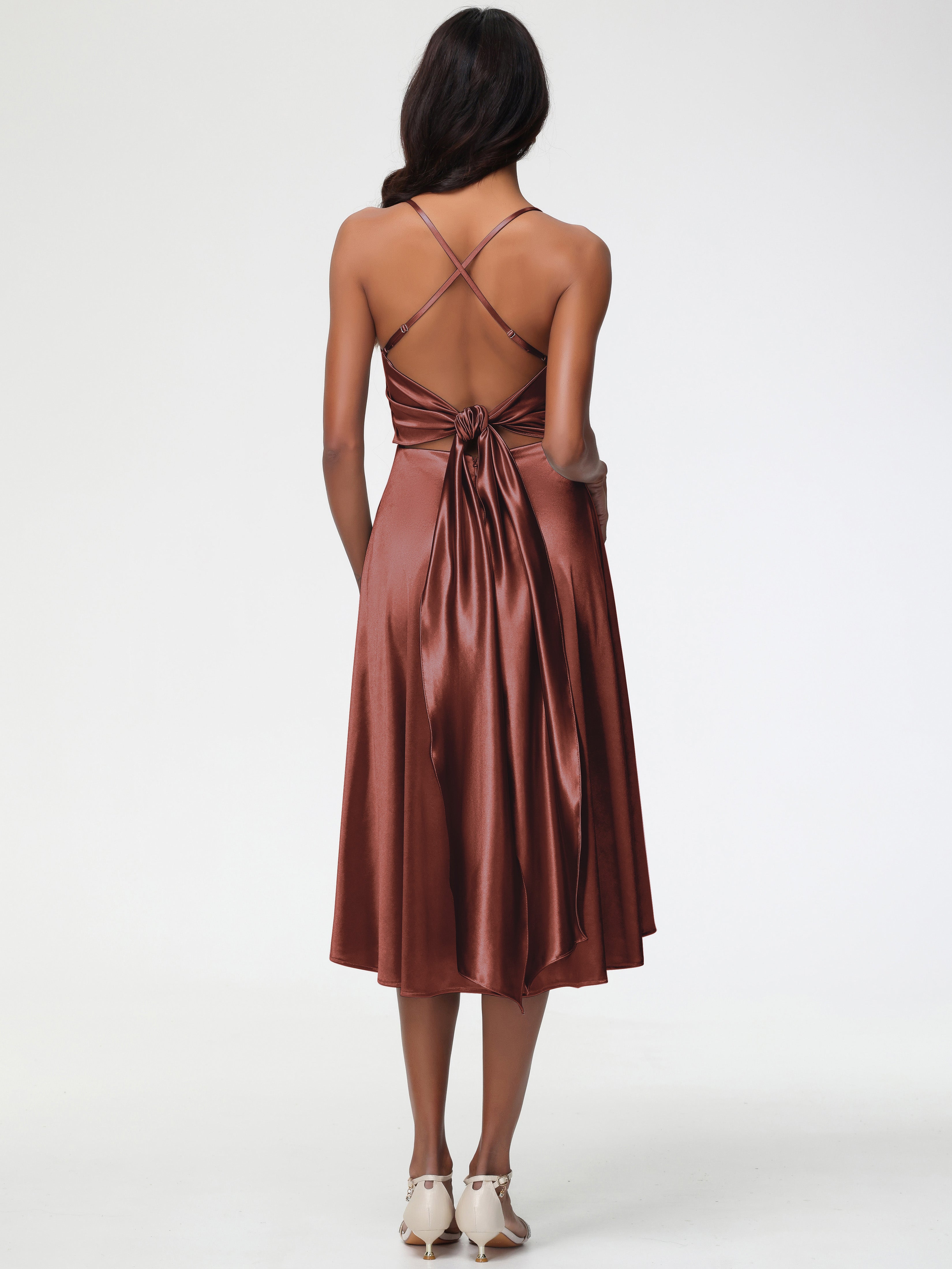 Robe Demoiselle D Honneur Terre Cuite Bretelles Spaghetti Satin Extensible Robe Demoiselle D Honneur Asymétrique