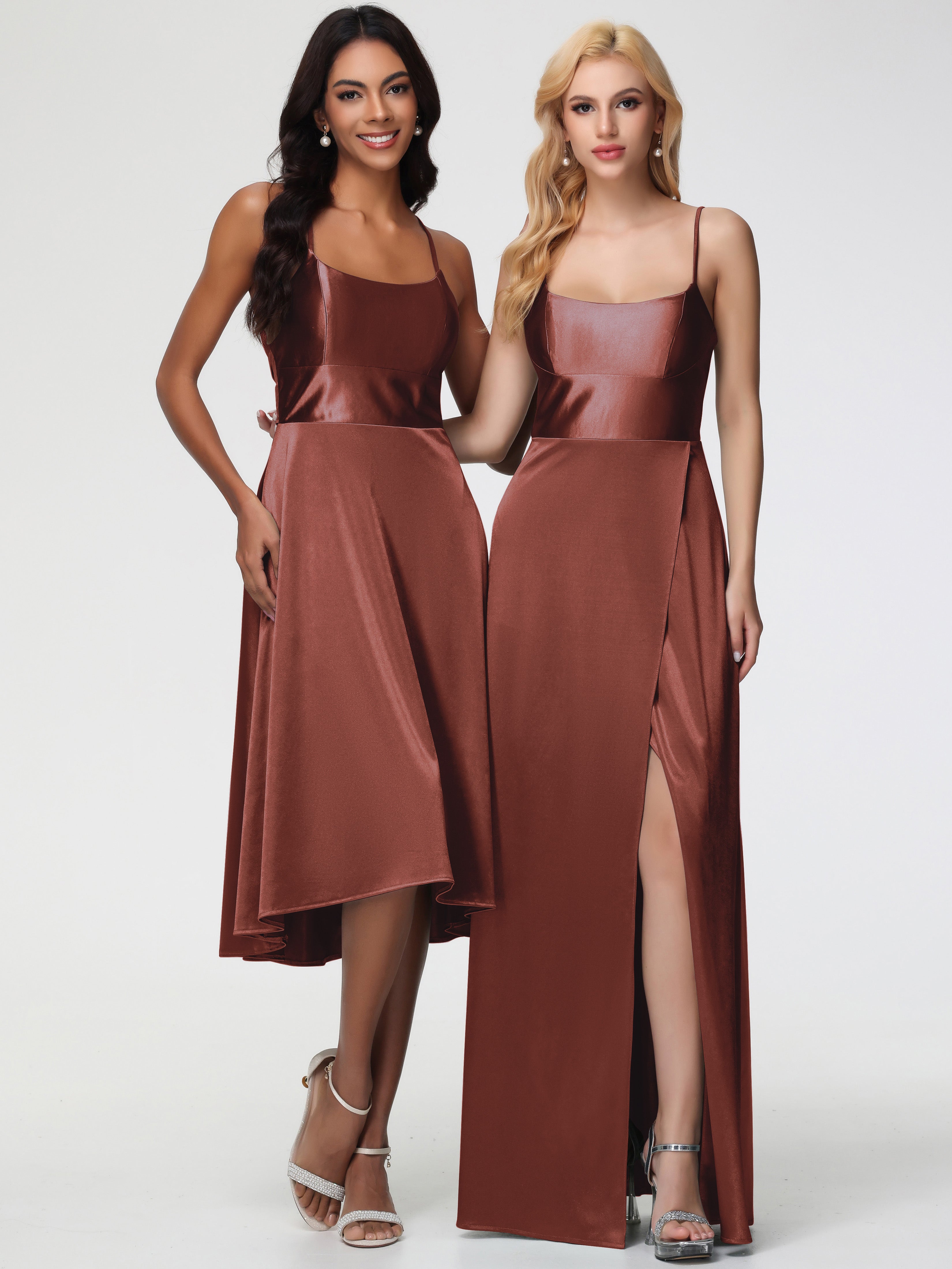 Robe Demoiselle D Honneur Terre Cuite Bretelles Spaghetti Satin Extensible Robe Demoiselle D Honneur Asymétrique