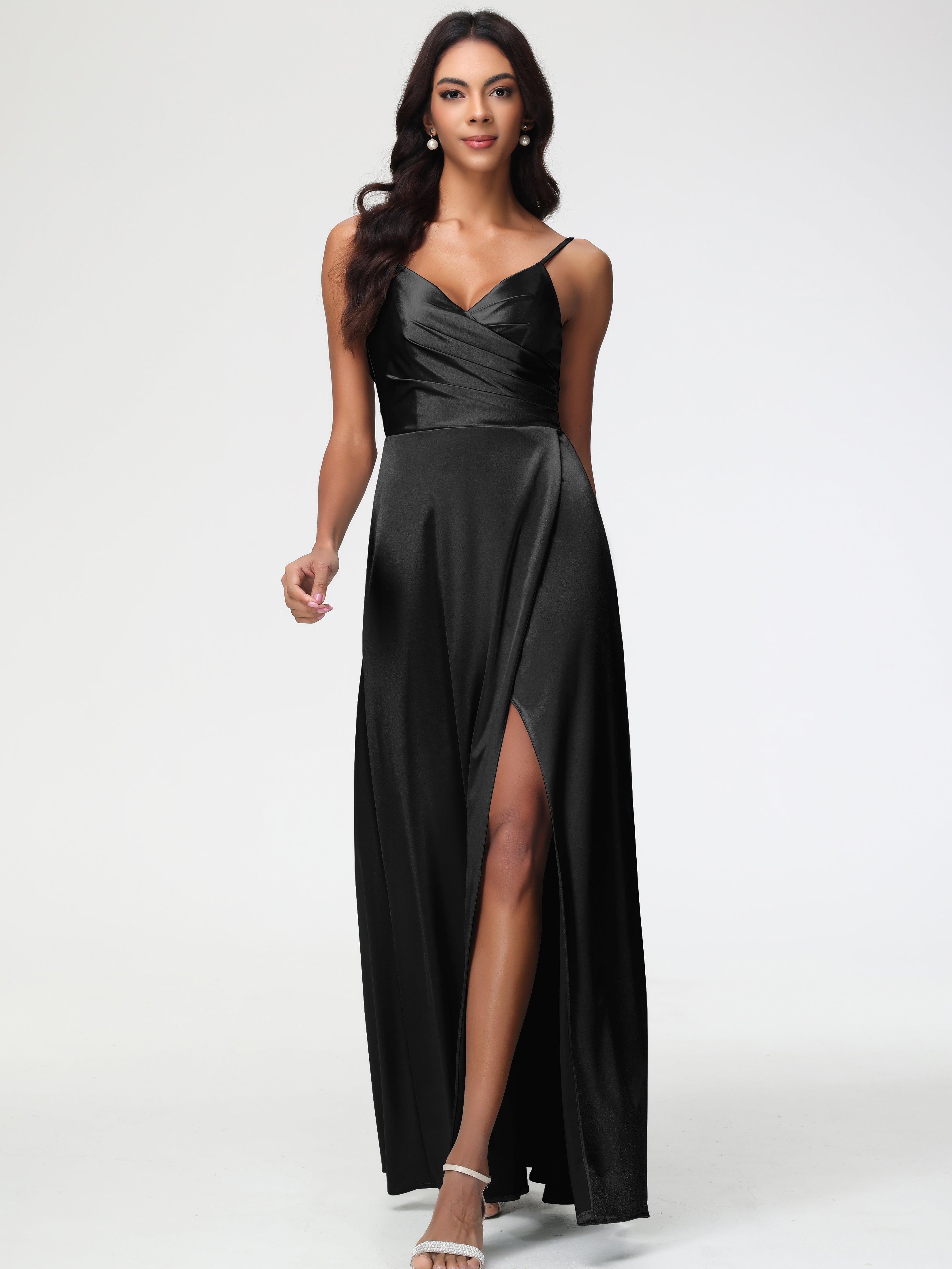 Robes De Demoiselle D'Honneur Noires Col V Satin Extensible Fendue Robe De Demoiselle D'Honneur Longue Plissée