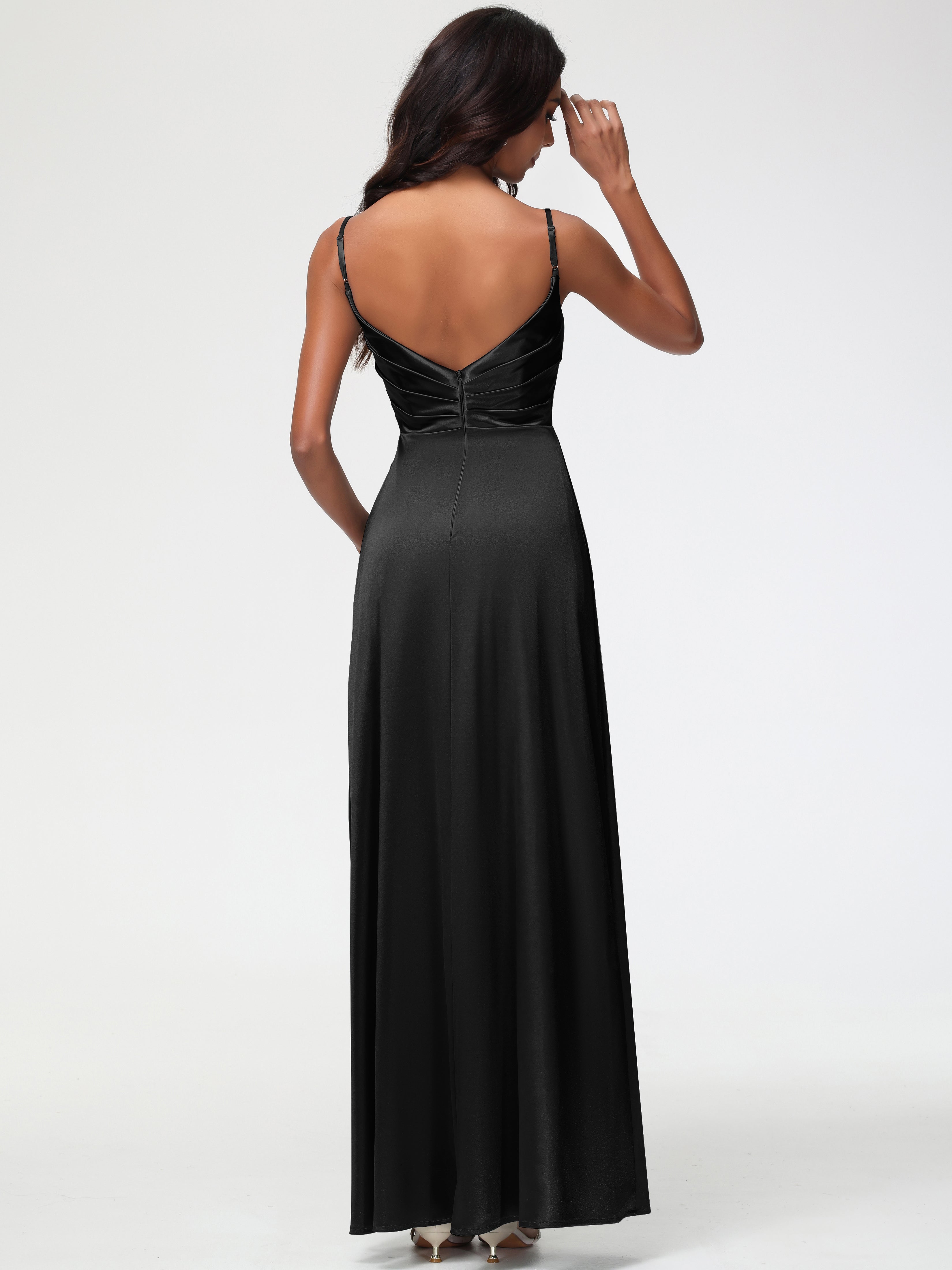 Robes De Demoiselle D'Honneur Noires Col V Satin Extensible Fendue Robe De Demoiselle D'Honneur Longue Plissée