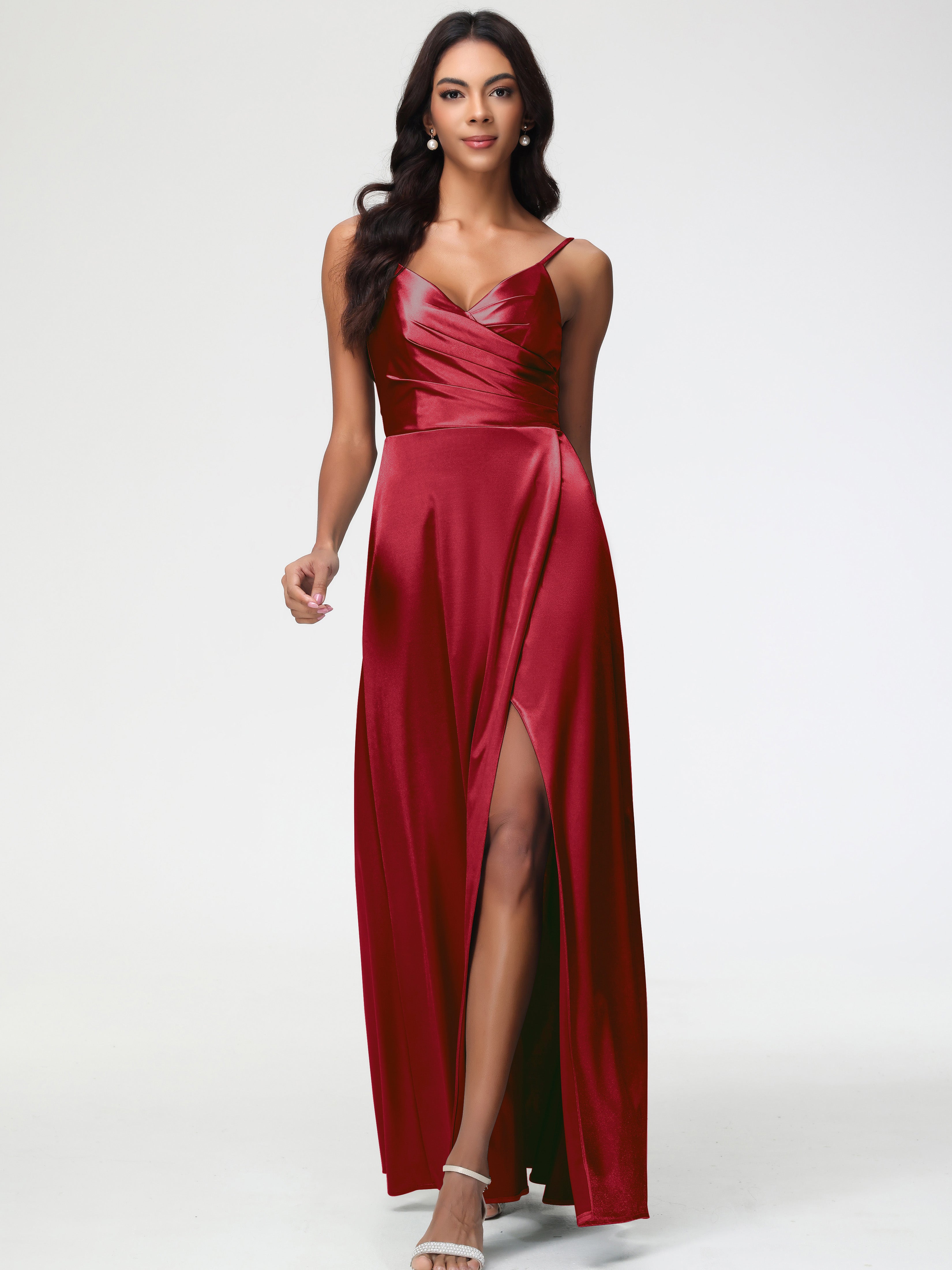 Robe Bordeaux Demoiselle D Honneur Col V Satin Extensible Fendue Robe De Demoiselle D'Honneur Longue Plissée