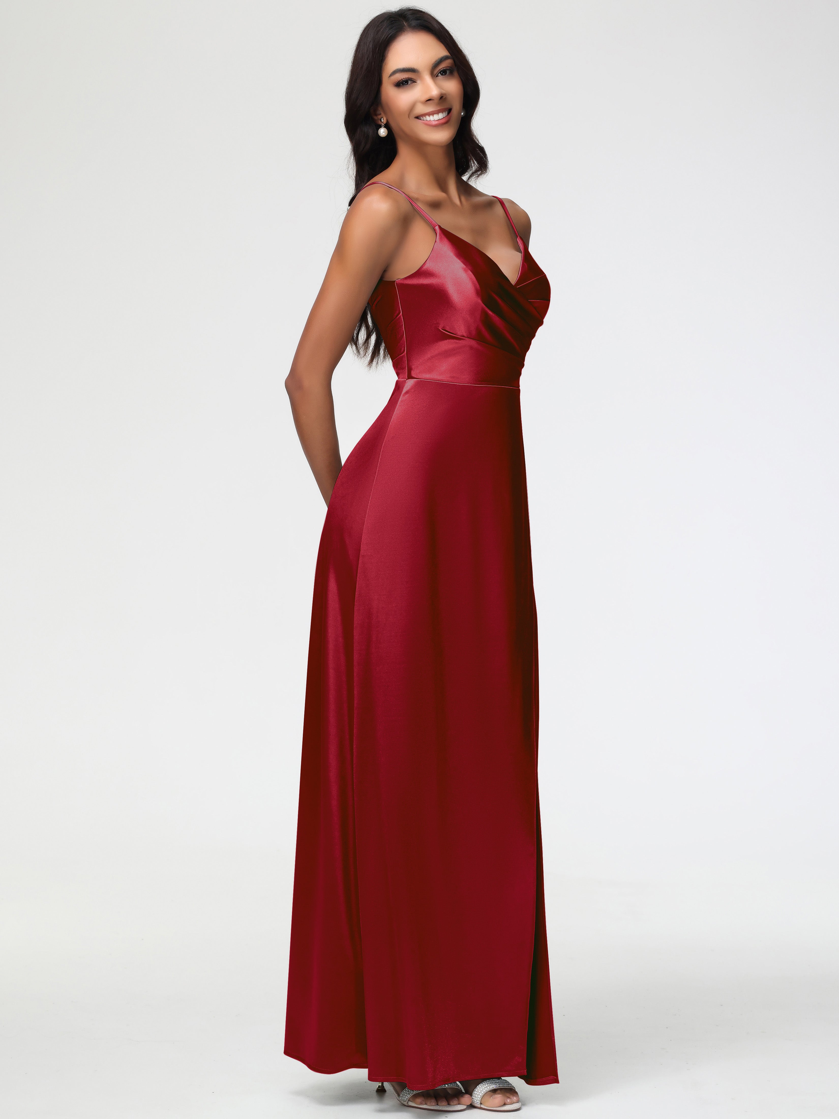 Robe Bordeaux Demoiselle D Honneur Col V Satin Extensible Fendue Robe De Demoiselle D'Honneur Longue Plissée