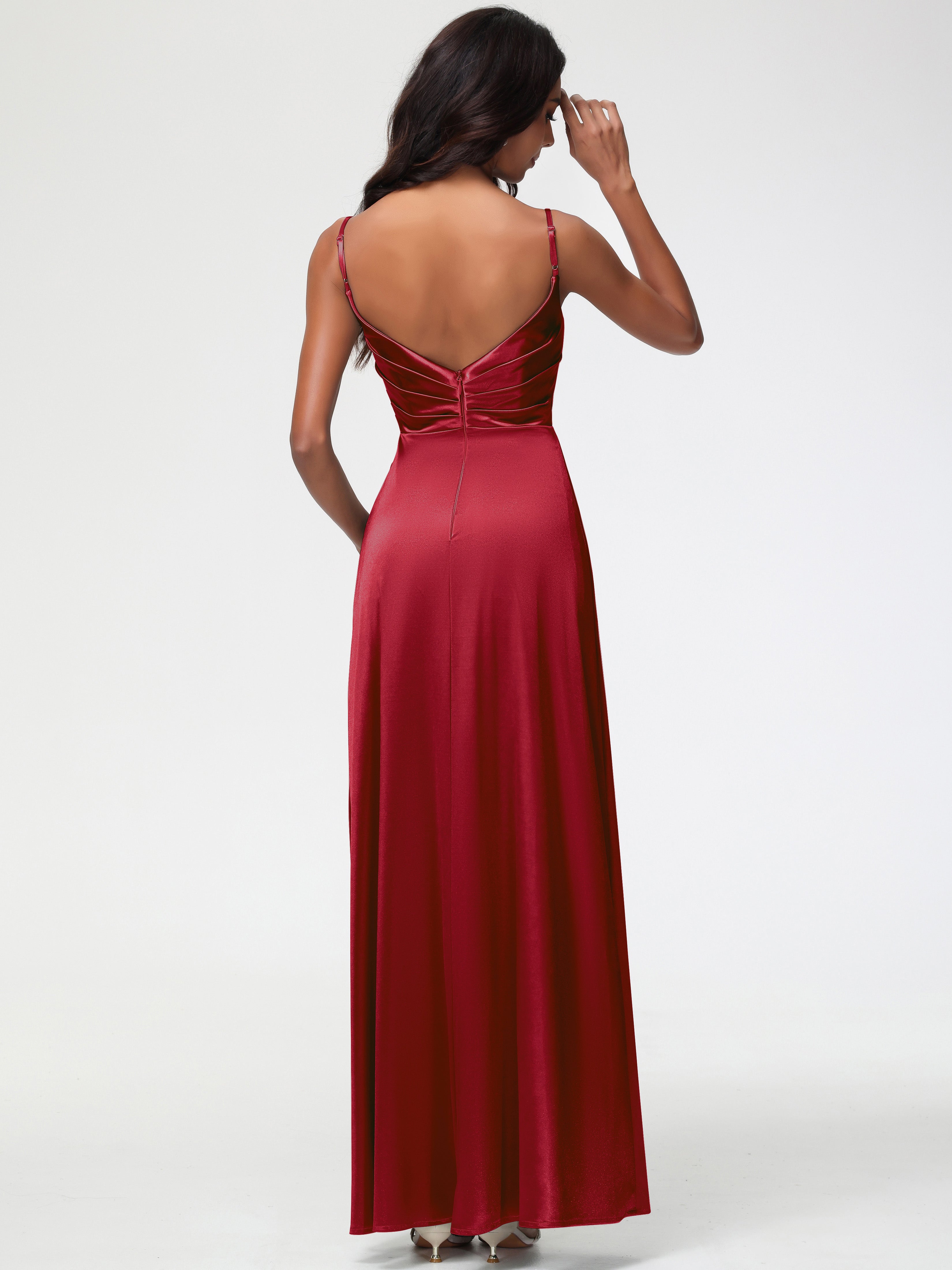 Robe Bordeaux Demoiselle D Honneur Col V Satin Extensible Fendue Robe De Demoiselle D'Honneur Longue Plissée