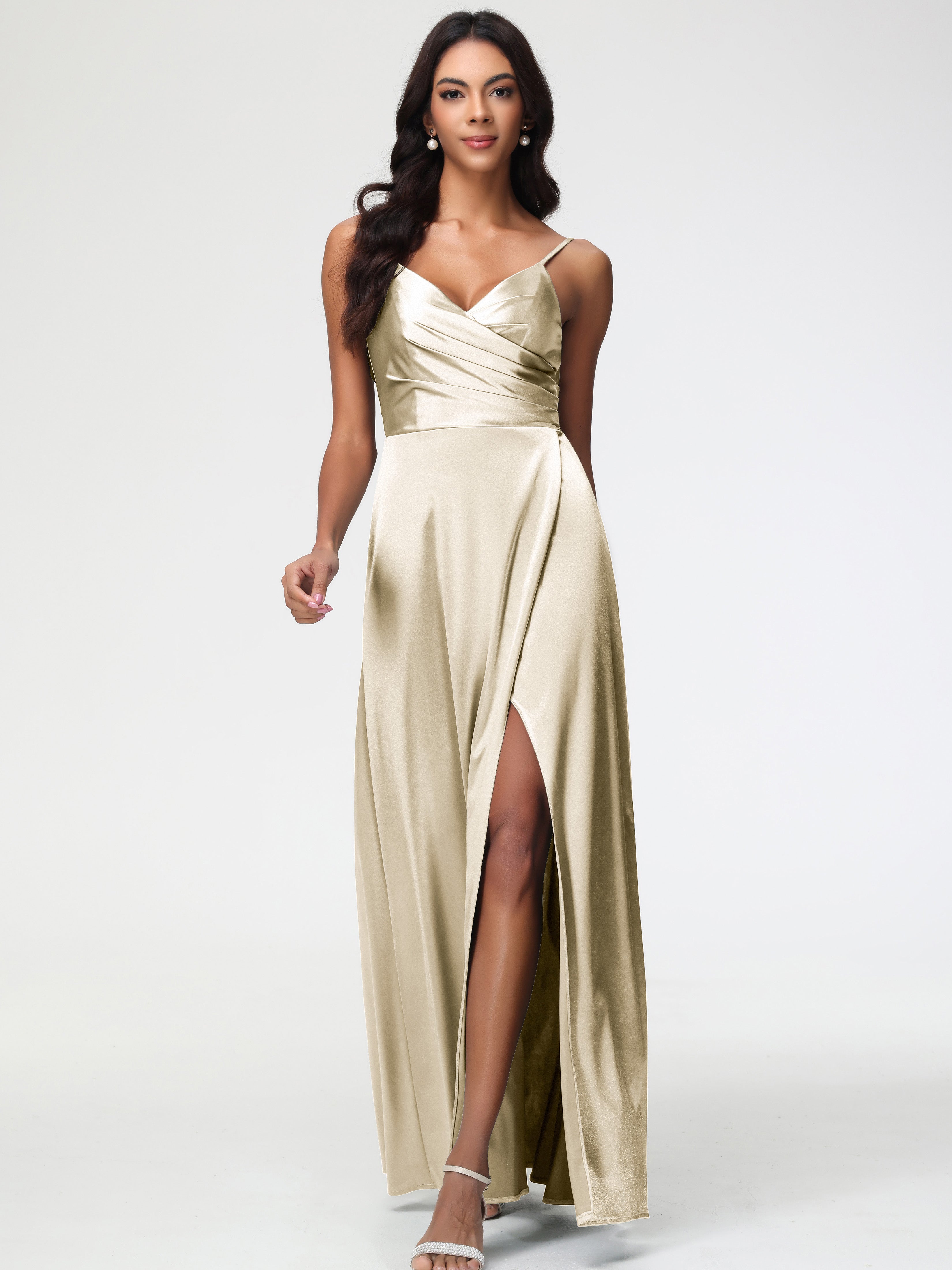 Robe Champagne Demoiselle D Honneur Col V Satin Extensible Fendue Robe De Demoiselle D'Honneur Longue Plissée