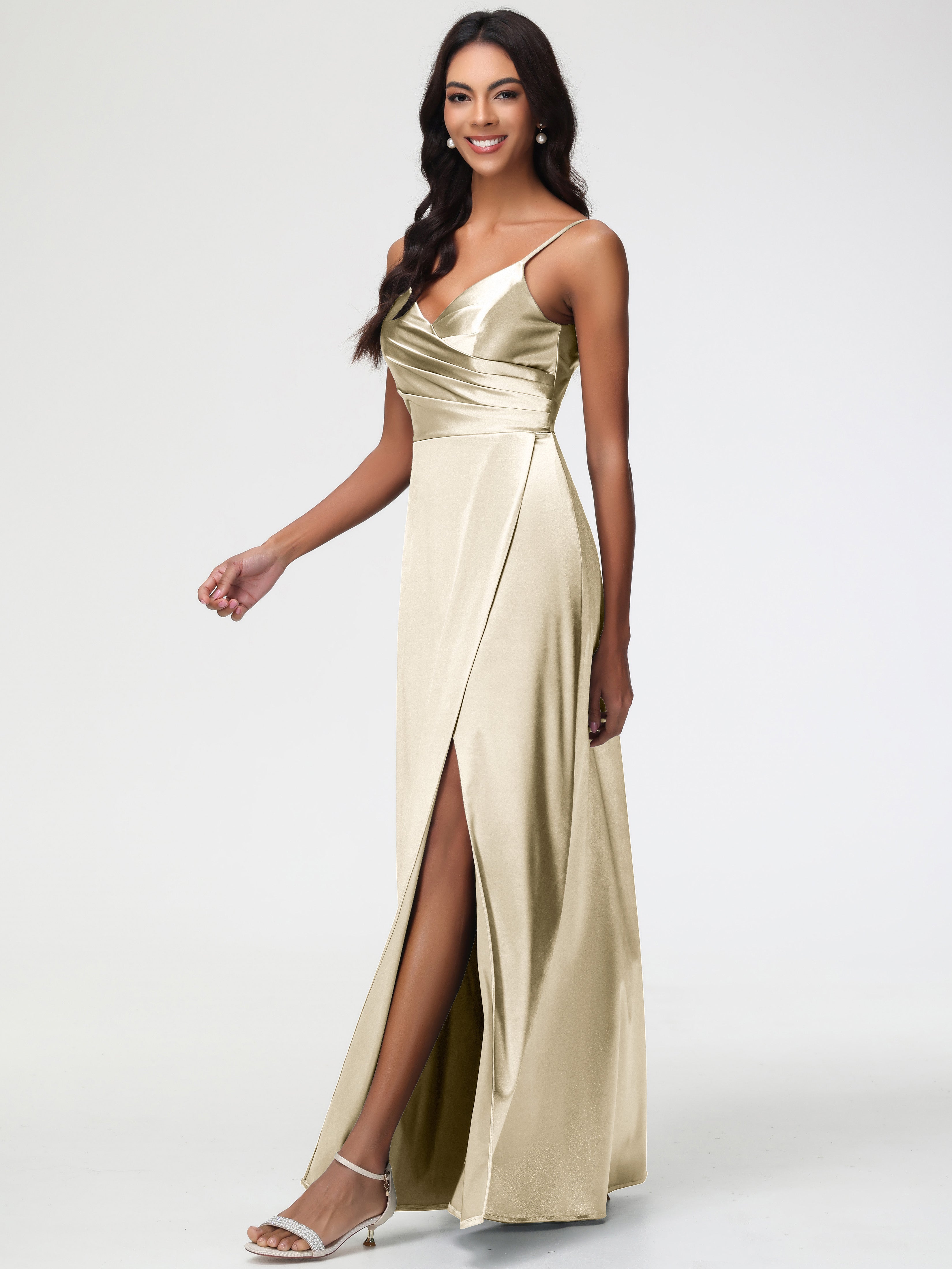 Robe Champagne Demoiselle D Honneur Col V Satin Extensible Fendue Robe De Demoiselle D'Honneur Longue Plissée