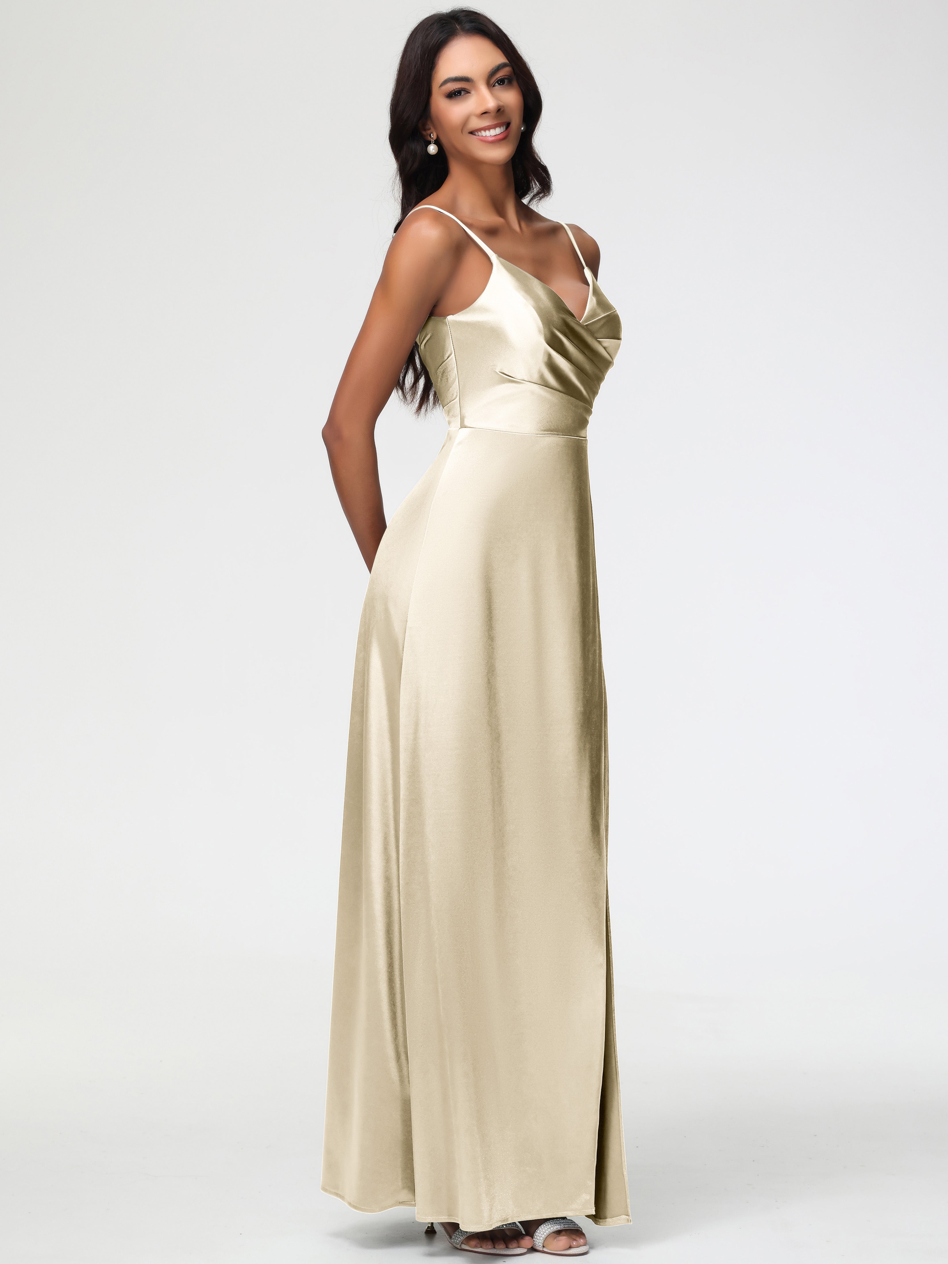 Robe Champagne Demoiselle D Honneur Col V Satin Extensible Fendue Robe De Demoiselle D'Honneur Longue Plissée