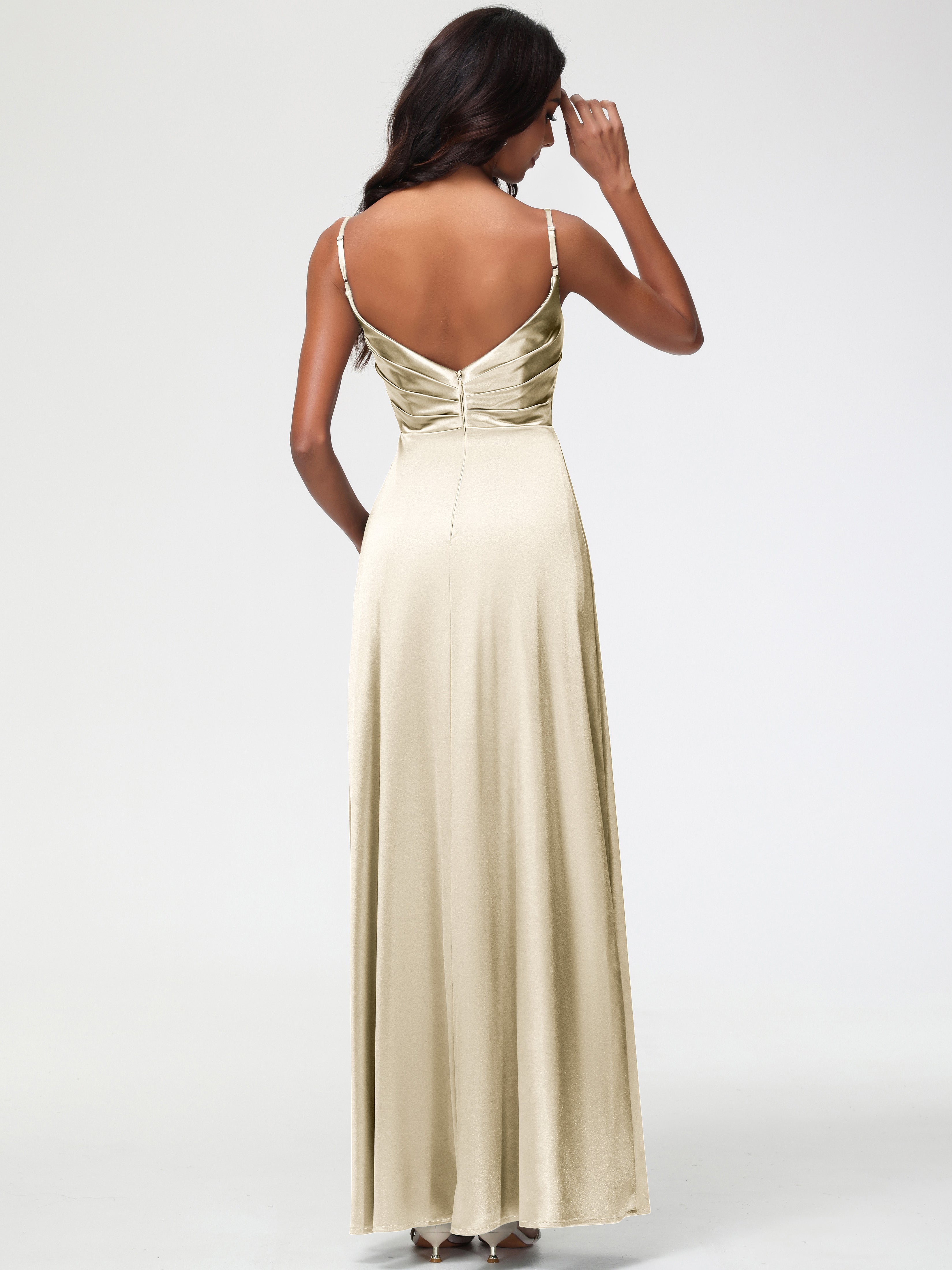 Robe Champagne Demoiselle D Honneur Col V Satin Extensible Fendue Robe De Demoiselle D'Honneur Longue Plissée