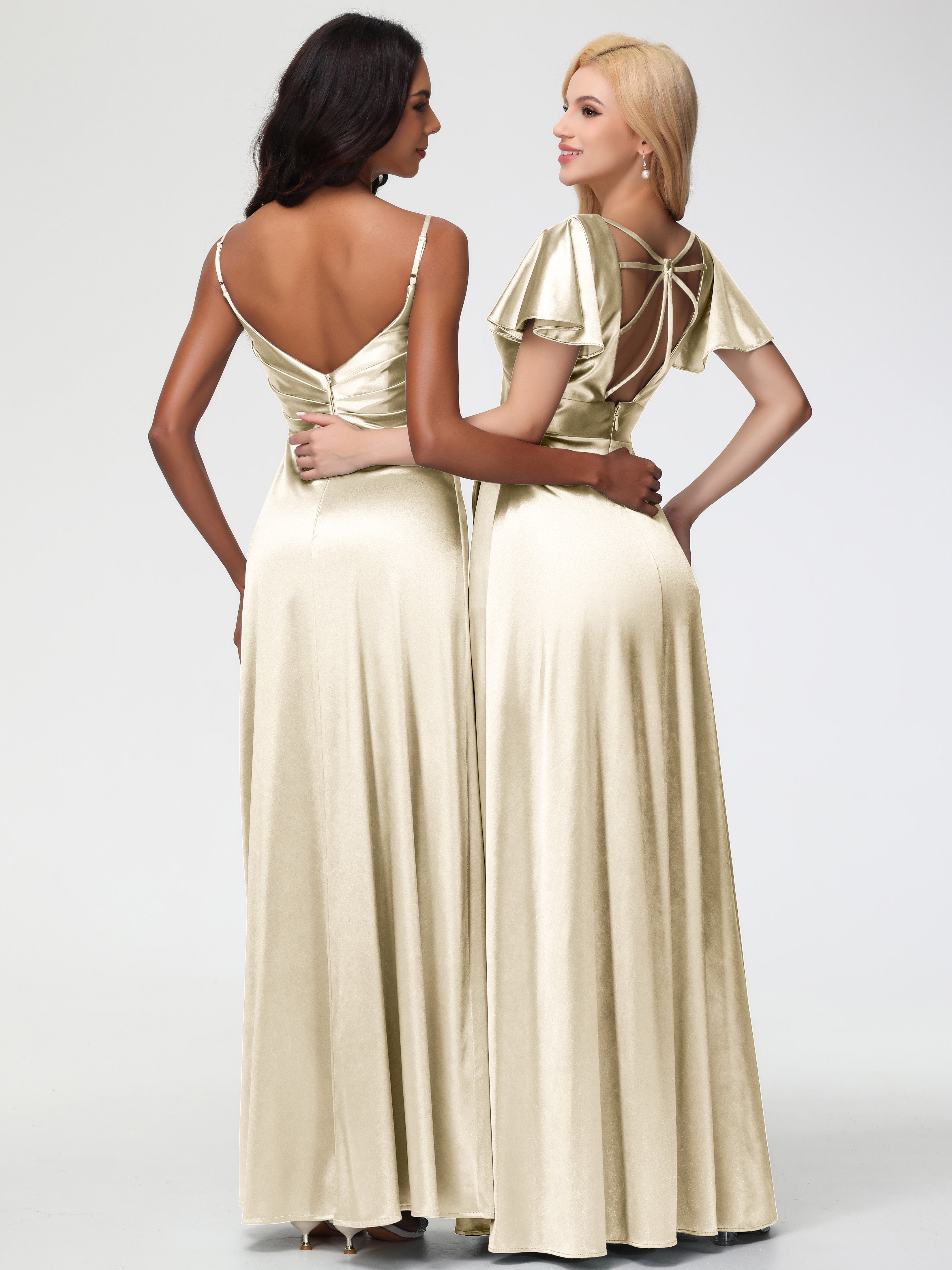 Robe Champagne Demoiselle D Honneur Col V Satin Extensible Fendue Robe De Demoiselle D'Honneur Longue Plissée