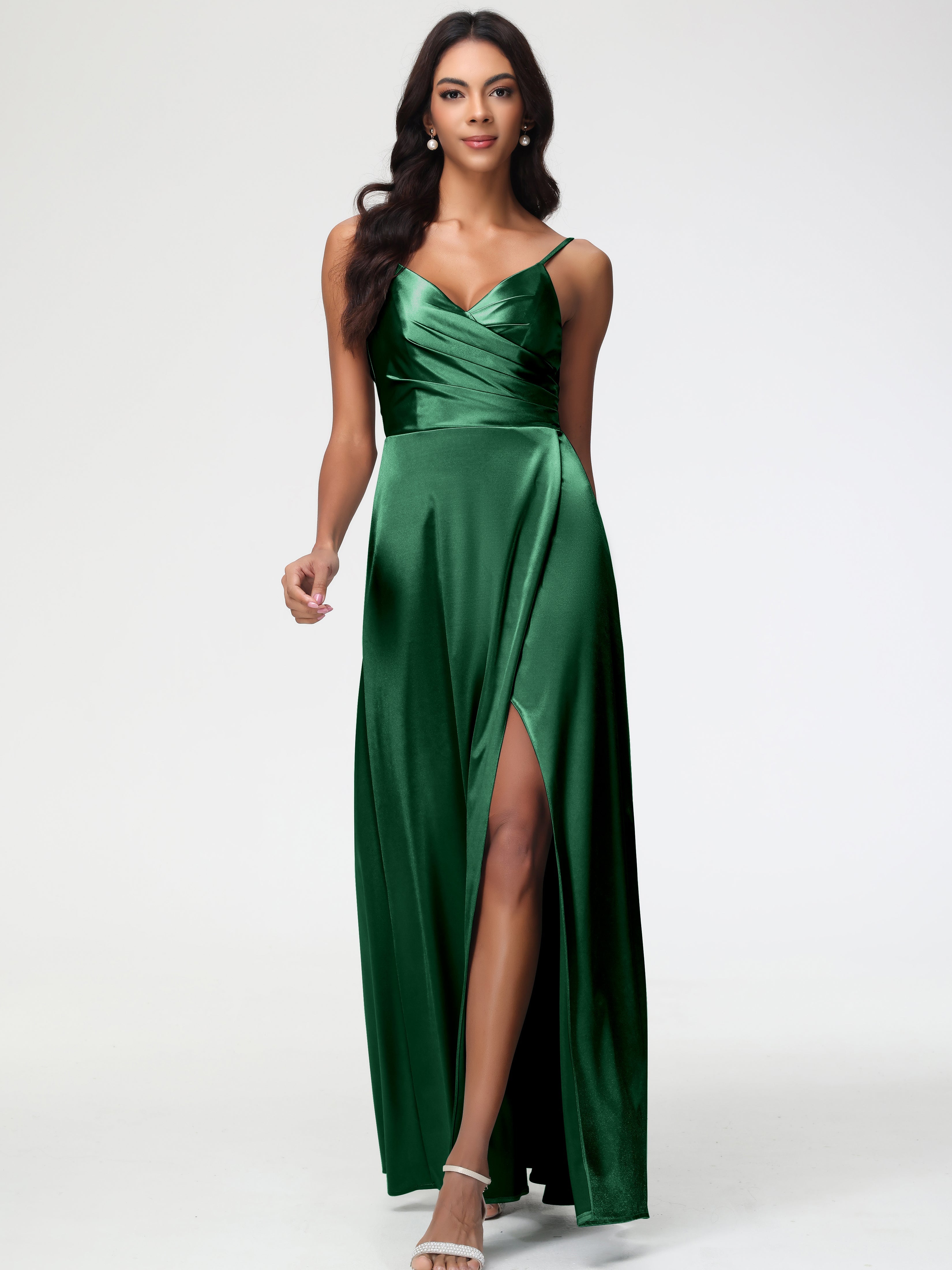 Robe Demoiselle D Honneur Vert Fonce Col V Satin Extensible Fendue Robe De Demoiselle D'Honneur Longue Plissée