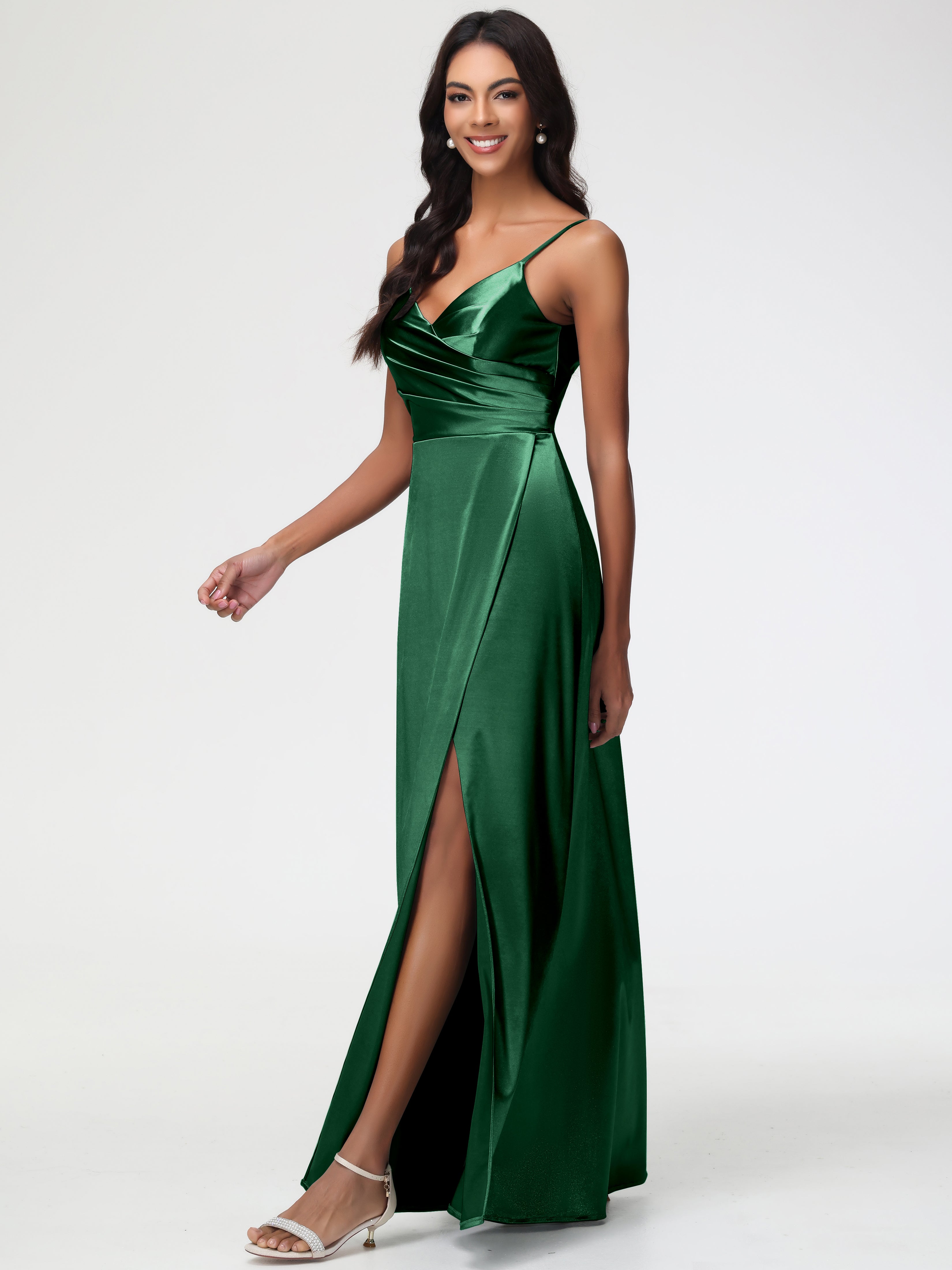 Robe Demoiselle D Honneur Vert Fonce Col V Satin Extensible Fendue Robe De Demoiselle D'Honneur Longue Plissée