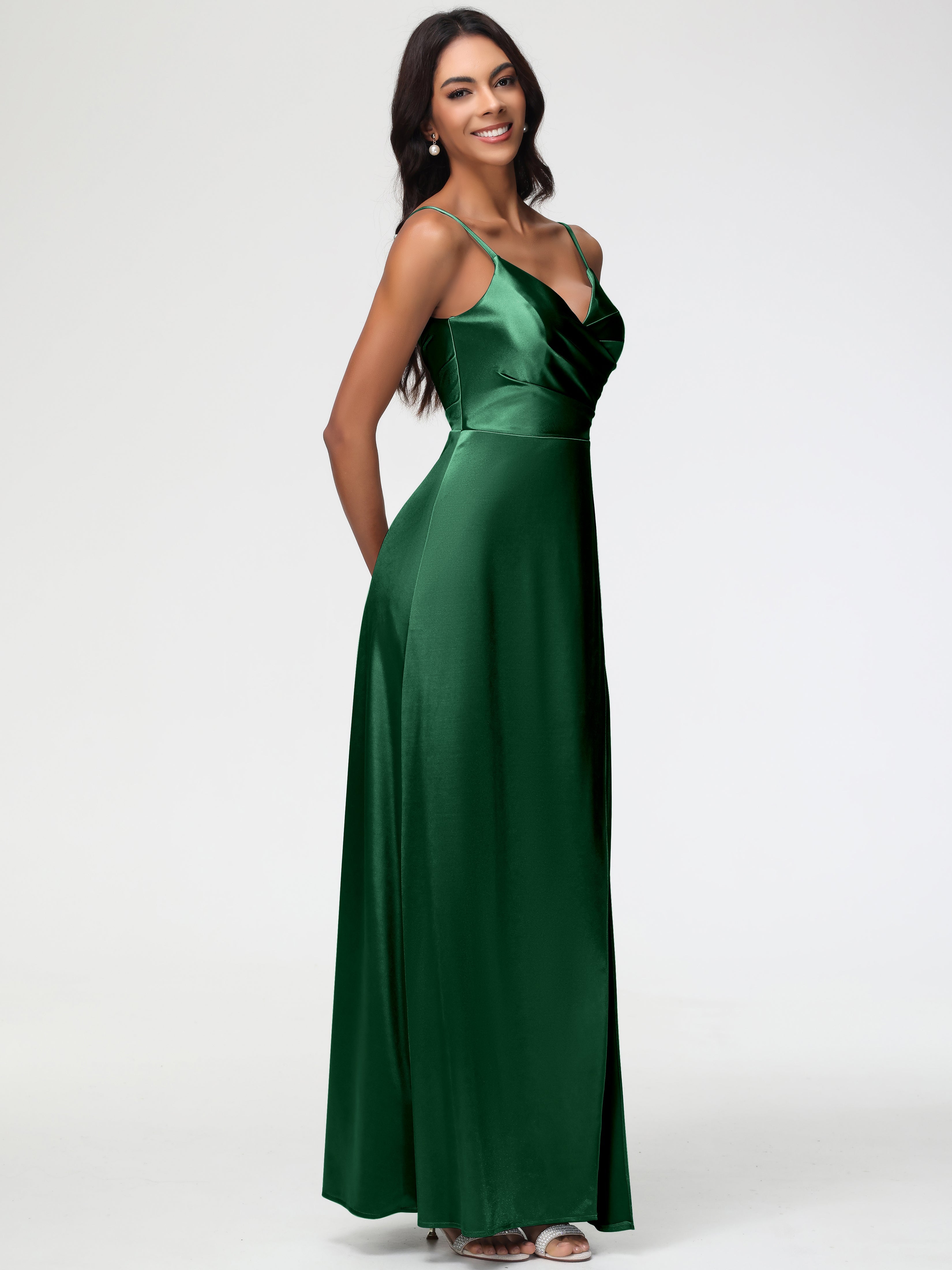 Robe Demoiselle D Honneur Vert Fonce Col V Satin Extensible Fendue Robe De Demoiselle D'Honneur Longue Plissée