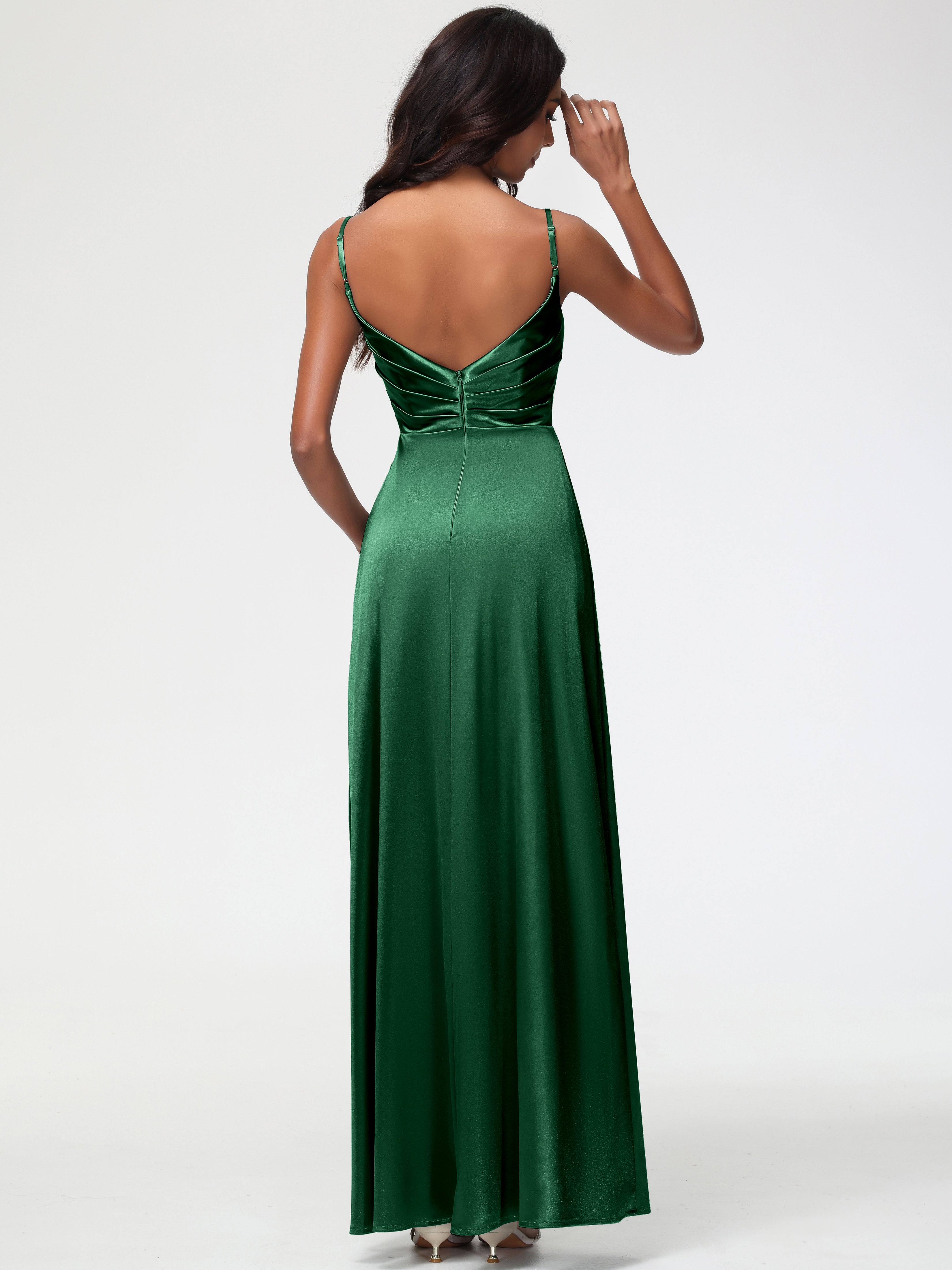 Robe Demoiselle D Honneur Vert Fonce Col V Satin Extensible Fendue Robe De Demoiselle D'Honneur Longue Plissée