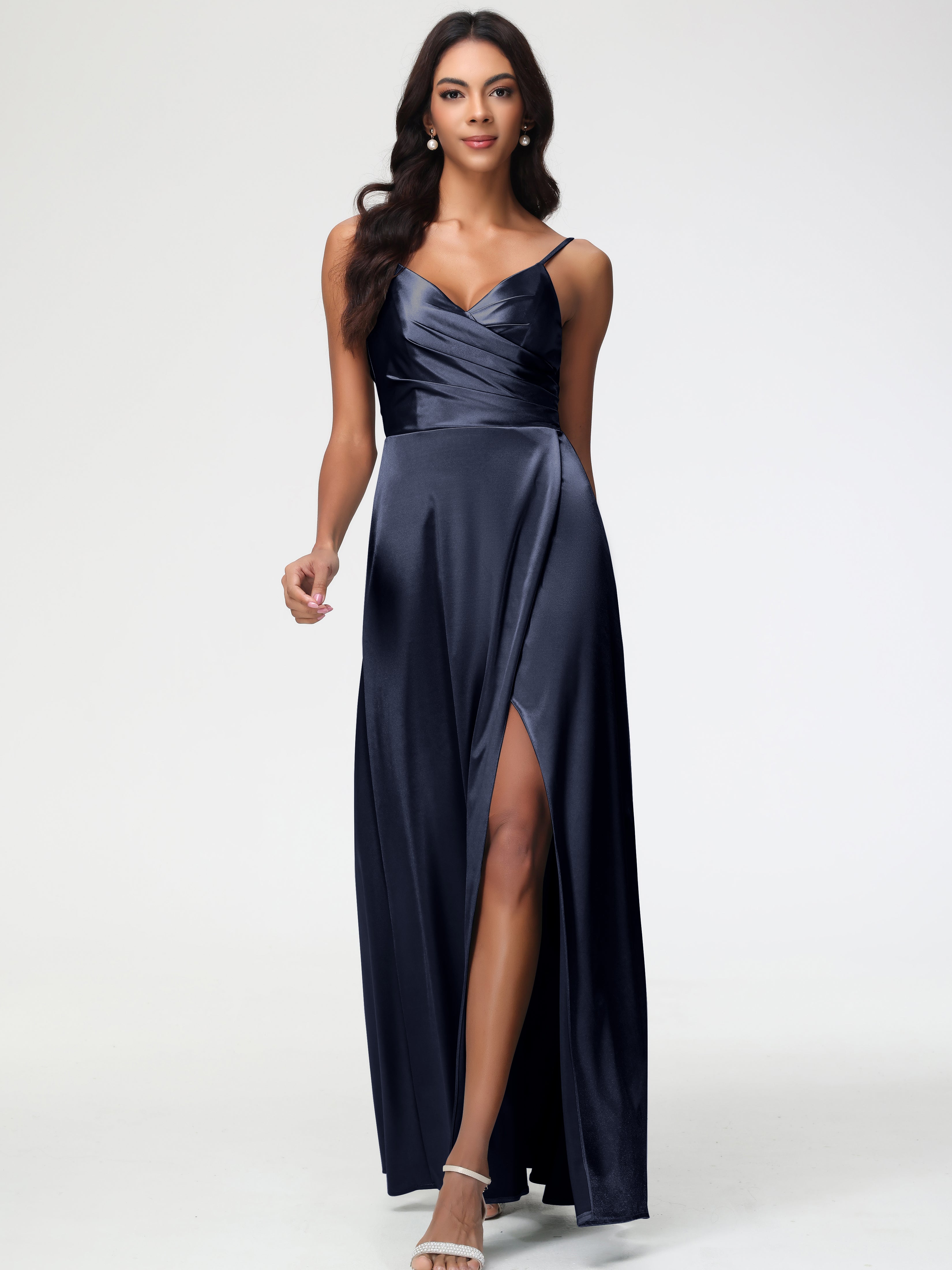 Robe Demoiselle D Honneur Bleu Marine Col V Satin Extensible Fendue Robe De Demoiselle D'Honneur Longue Plissée
