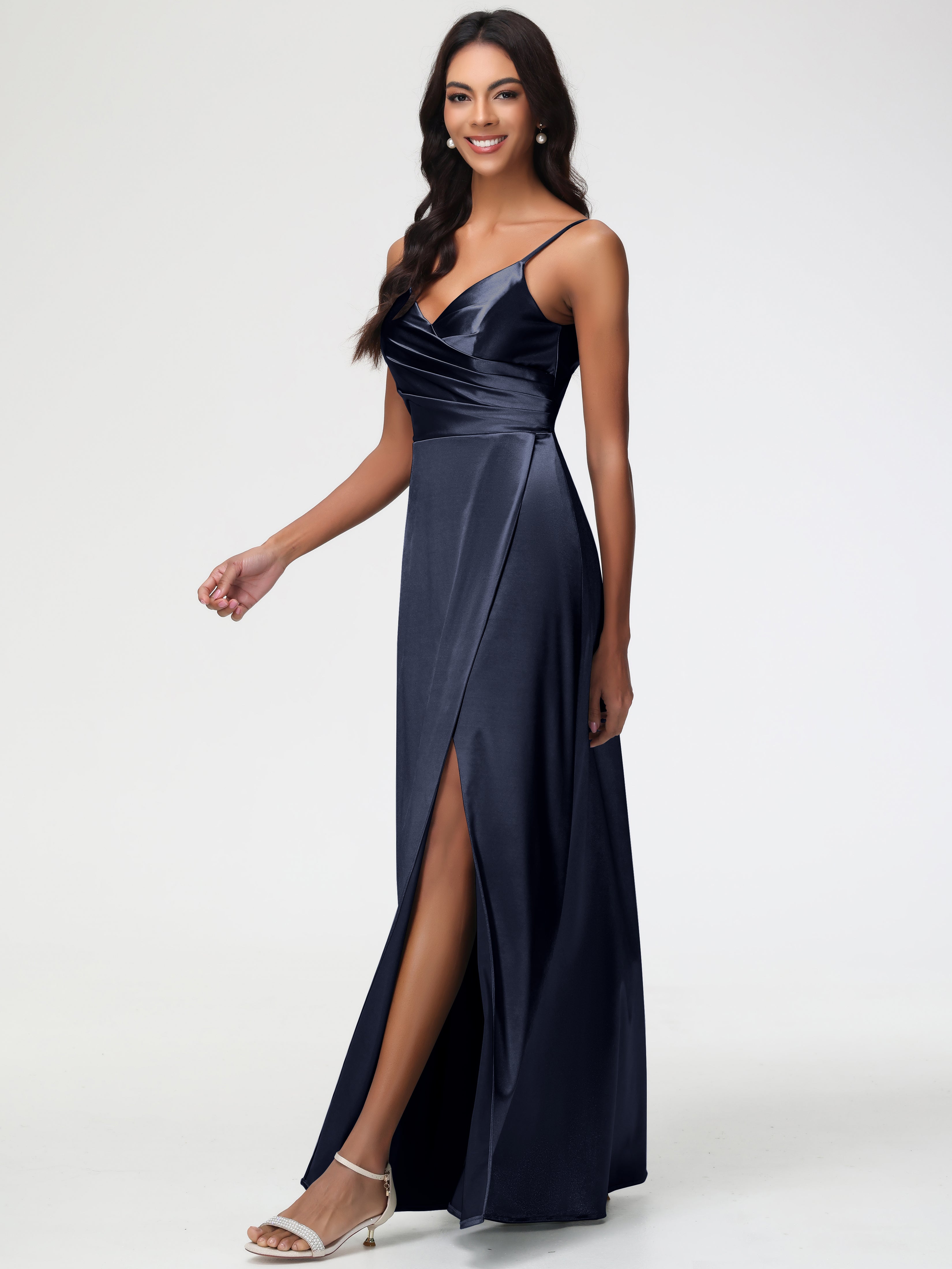 Robe Demoiselle D Honneur Bleu Marine Col V Satin Extensible Fendue Robe De Demoiselle D'Honneur Longue Plissée