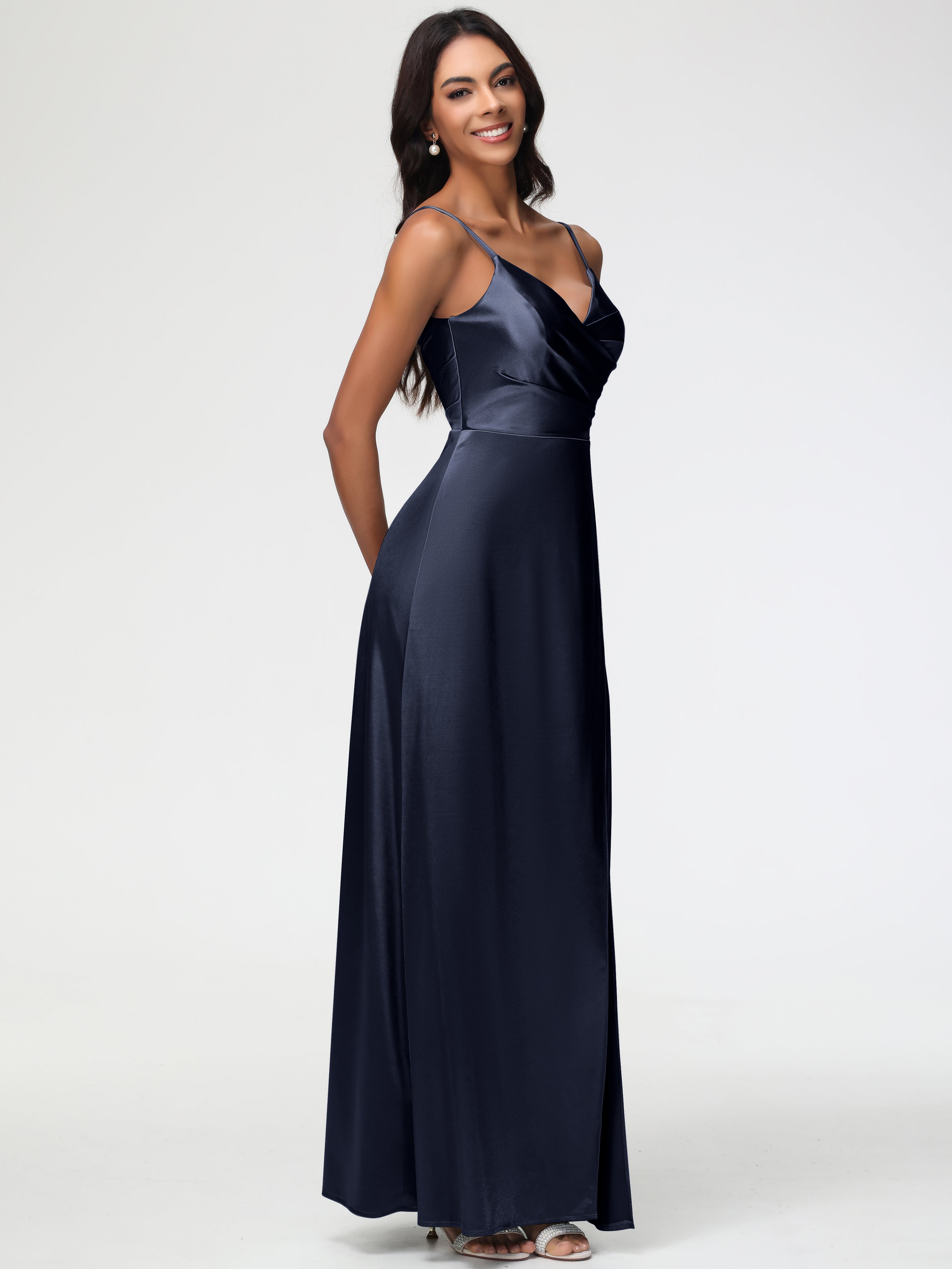 Robe Demoiselle D Honneur Bleu Marine Col V Satin Extensible Fendue Robe De Demoiselle D'Honneur Longue Plissée