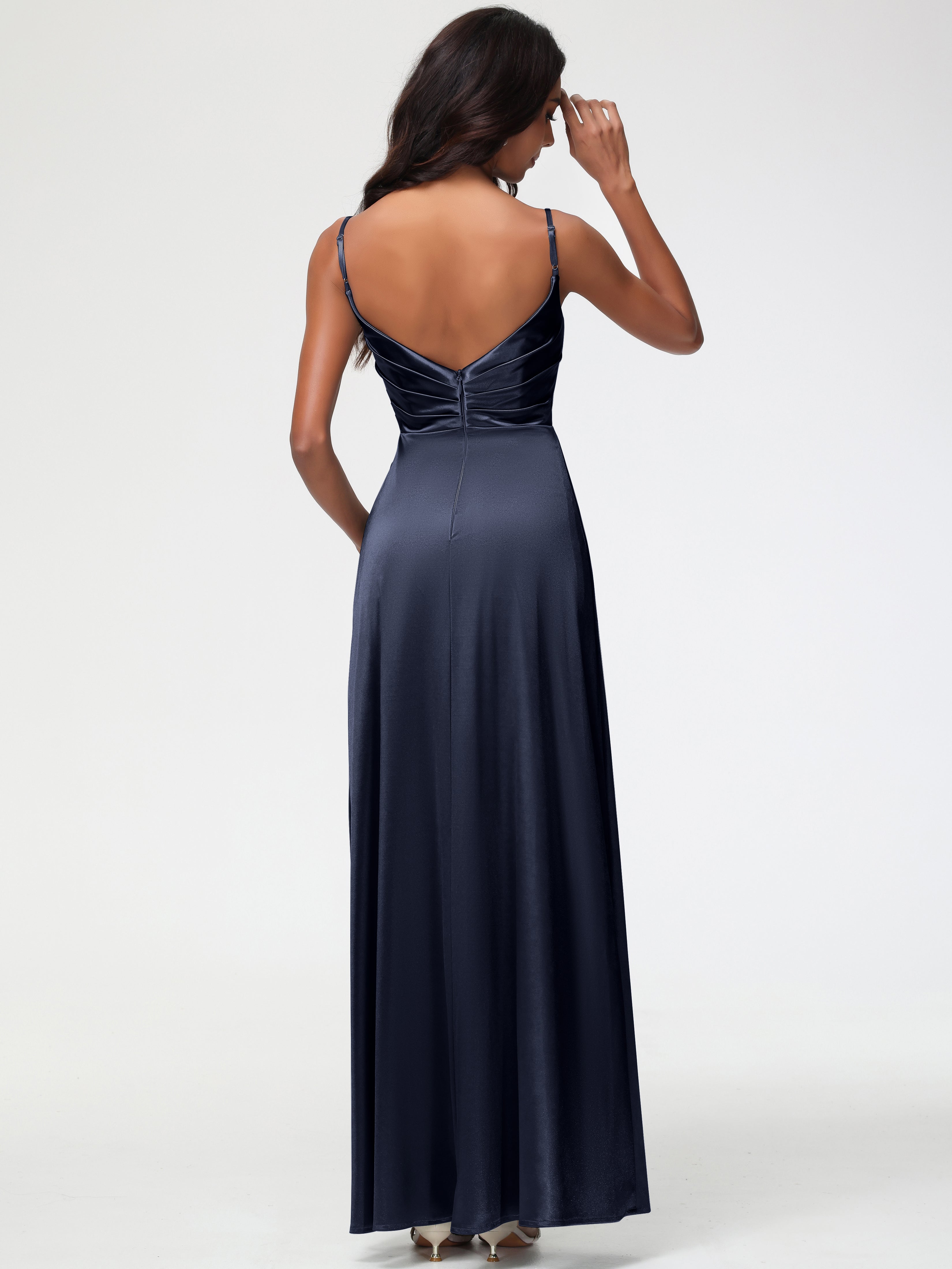 Robe Demoiselle D Honneur Bleu Marine Col V Satin Extensible Fendue Robe De Demoiselle D'Honneur Longue Plissée