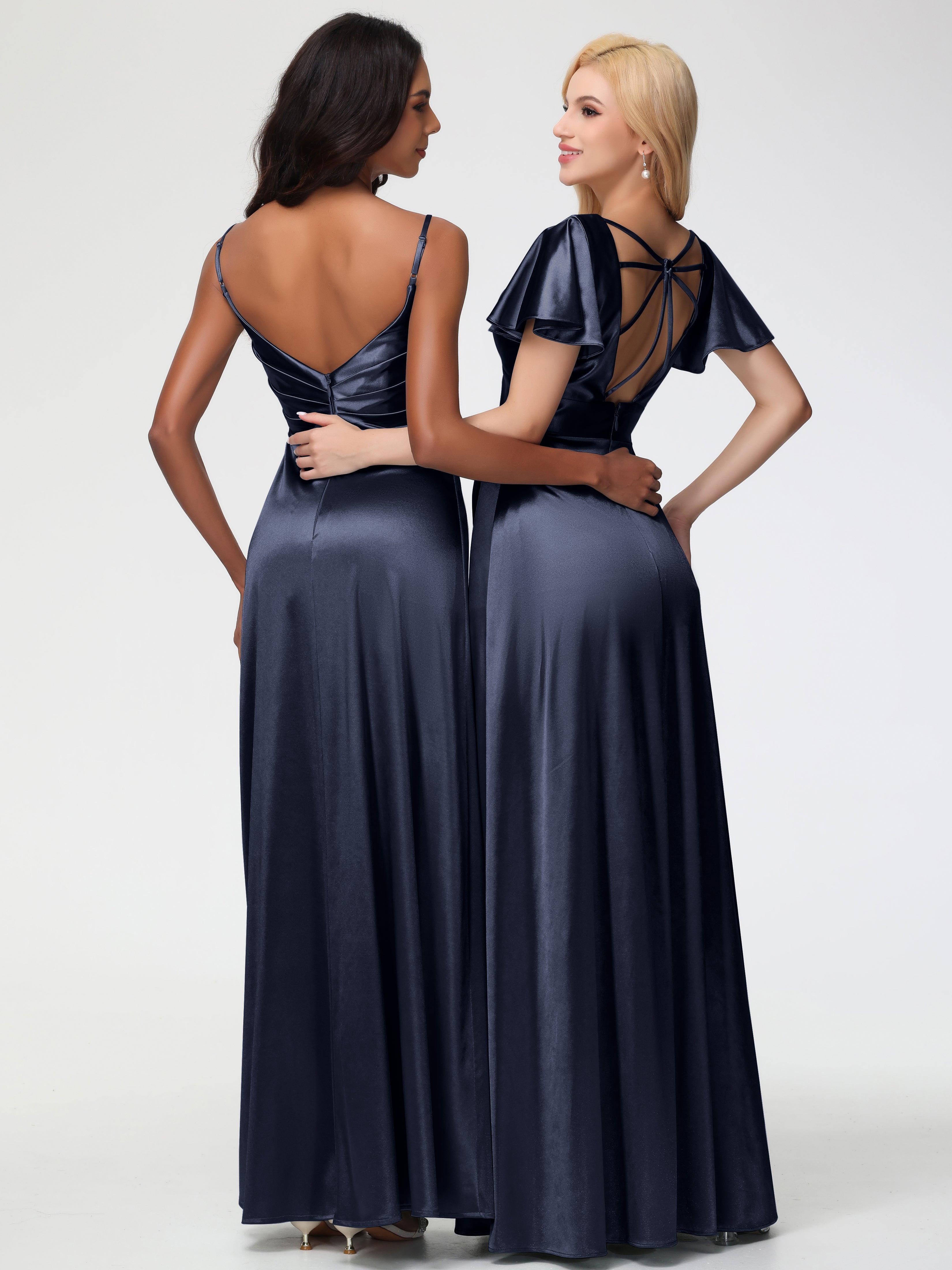 Robe Demoiselle D Honneur Bleu Marine Col V Satin Extensible Fendue Robe De Demoiselle D'Honneur Longue Plissée