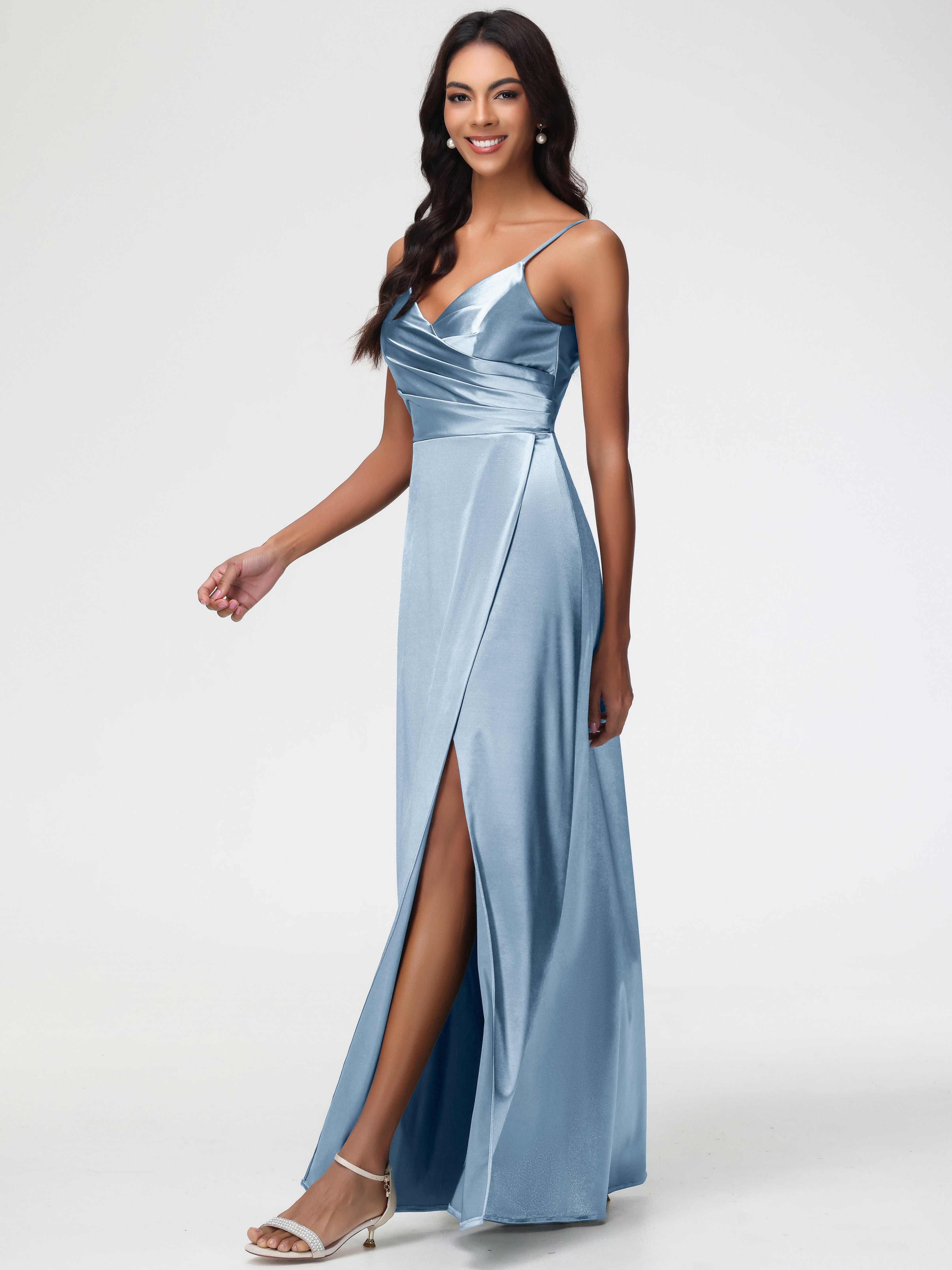 Robes De Demoiselle D'Honneur Bleu Poudre Col V Satin Extensible Fendue Robe De Demoiselle D'Honneur Longue Plissée