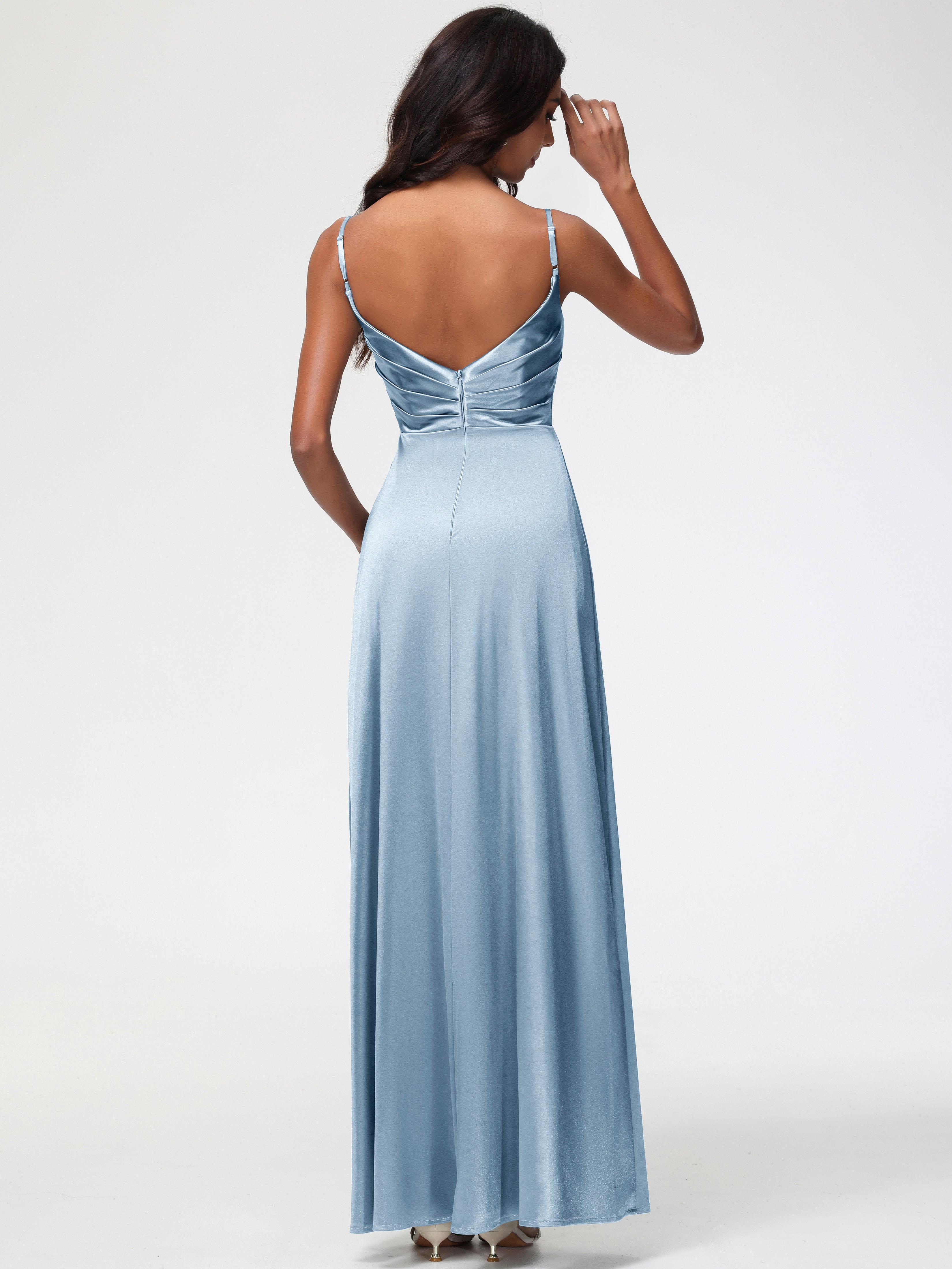 Robes De Demoiselle D'Honneur Bleu Poudre Col V Satin Extensible Fendue Robe De Demoiselle D'Honneur Longue Plissée