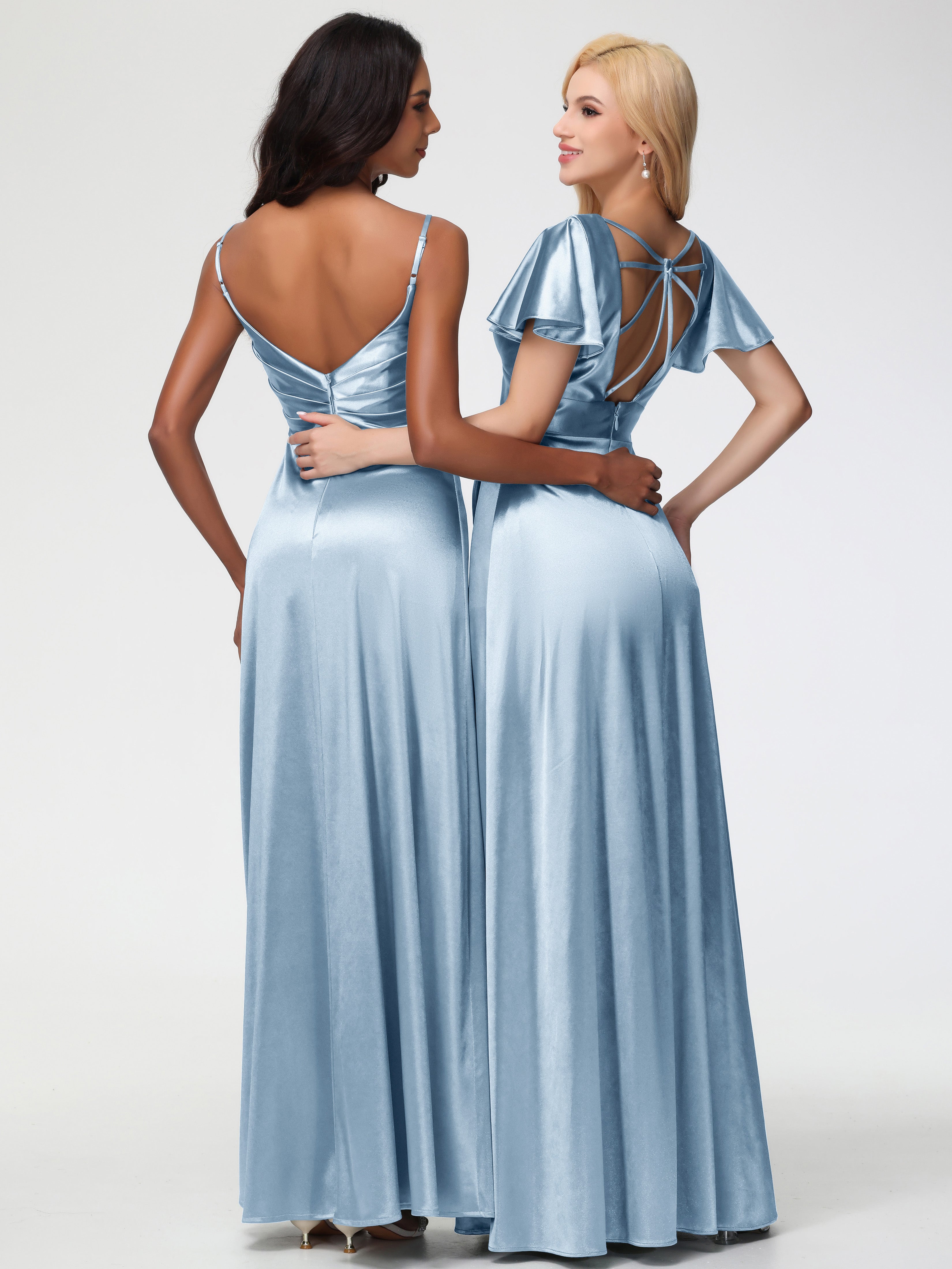 Robes De Demoiselle D'Honneur Bleu Poudre Col V Satin Extensible Fendue Robe De Demoiselle D'Honneur Longue Plissée