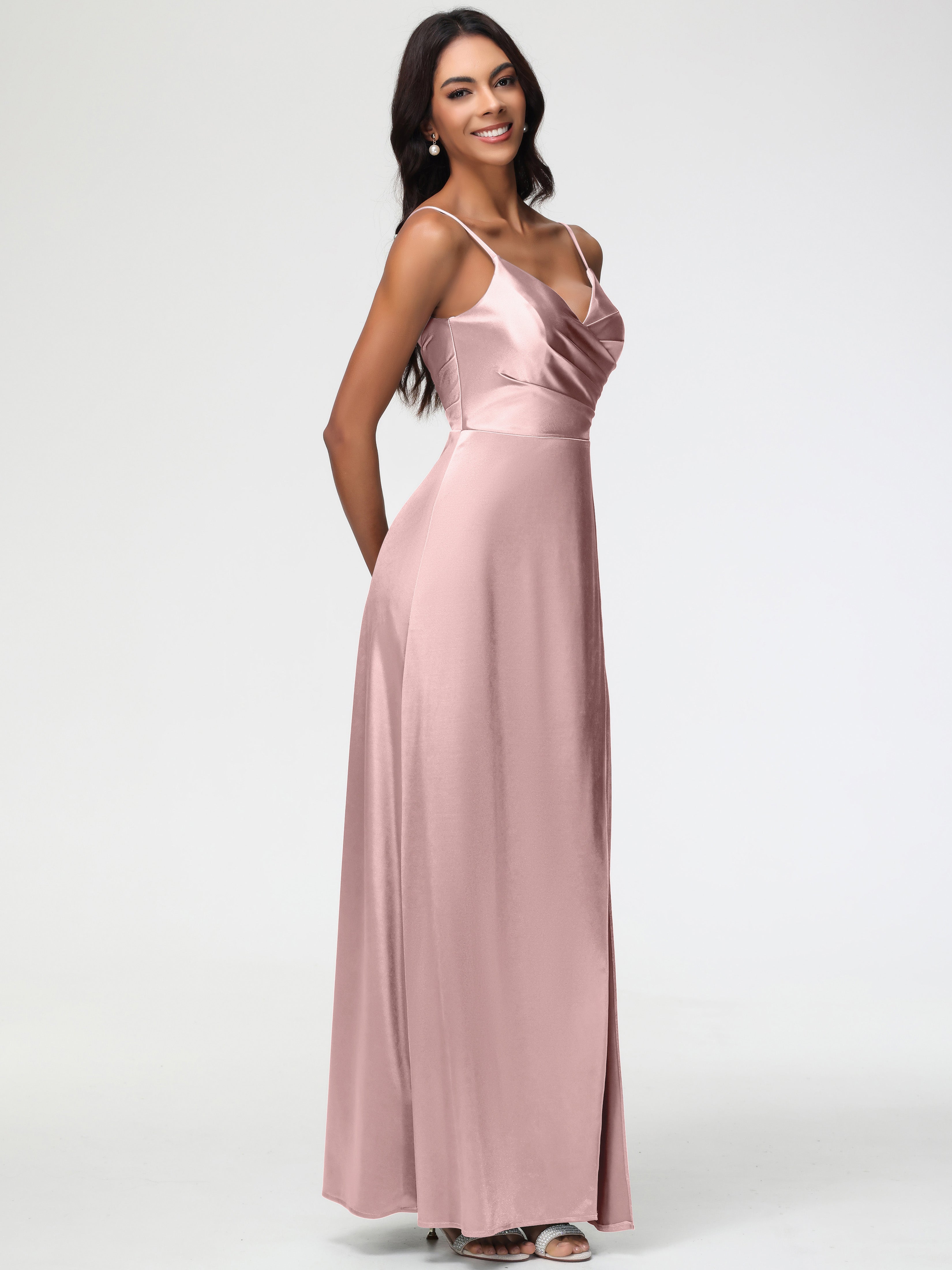 Robe Rose Poudré Demoiselle D Honneur Col V Satin Extensible Fendue Robe De Demoiselle D'Honneur Longue Plissée