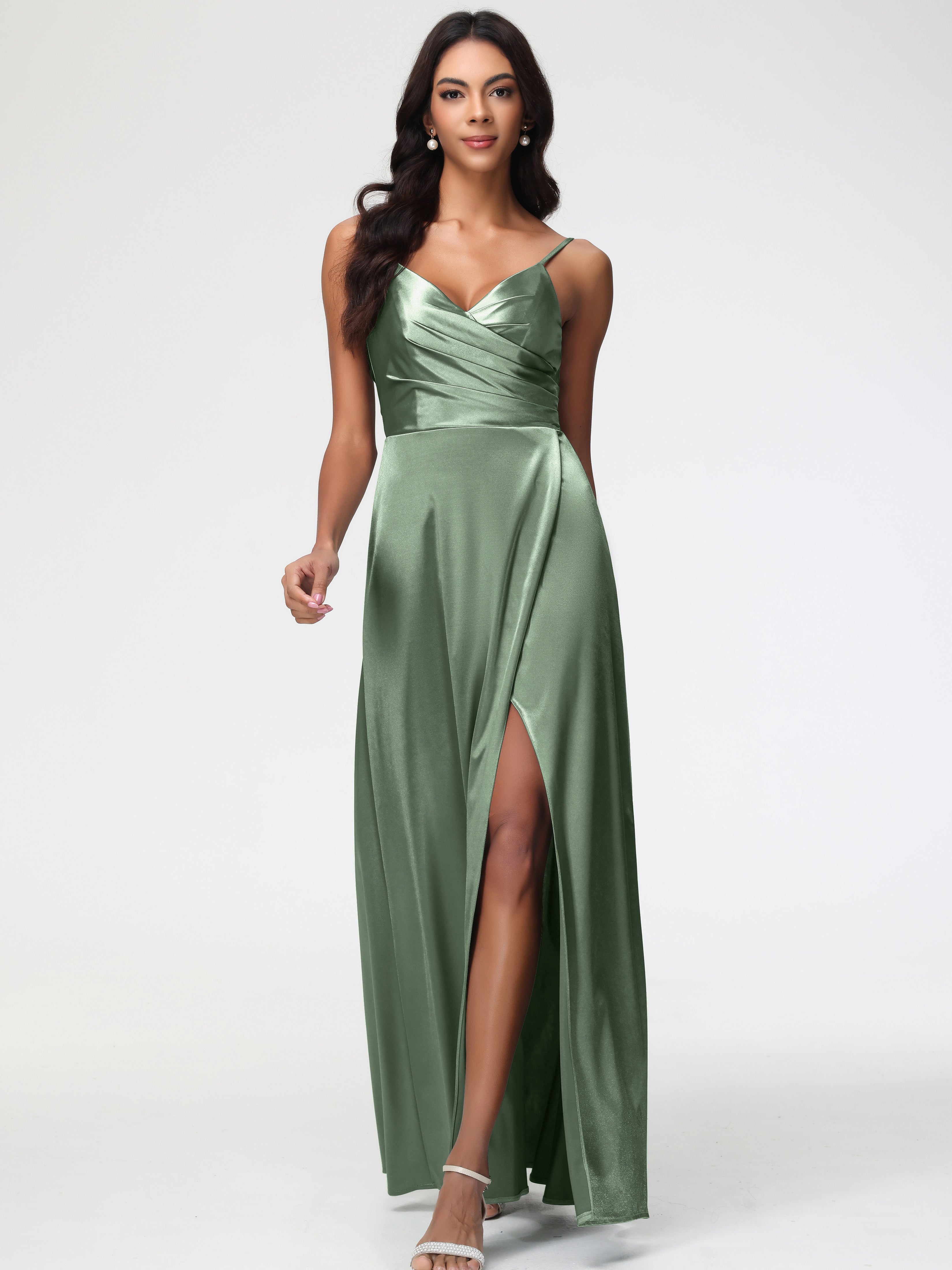 Robe Demoiselle D Honneur Sauge Poudrée Col V Satin Extensible Fendue Robe De Demoiselle D'Honneur Longue Plissée
