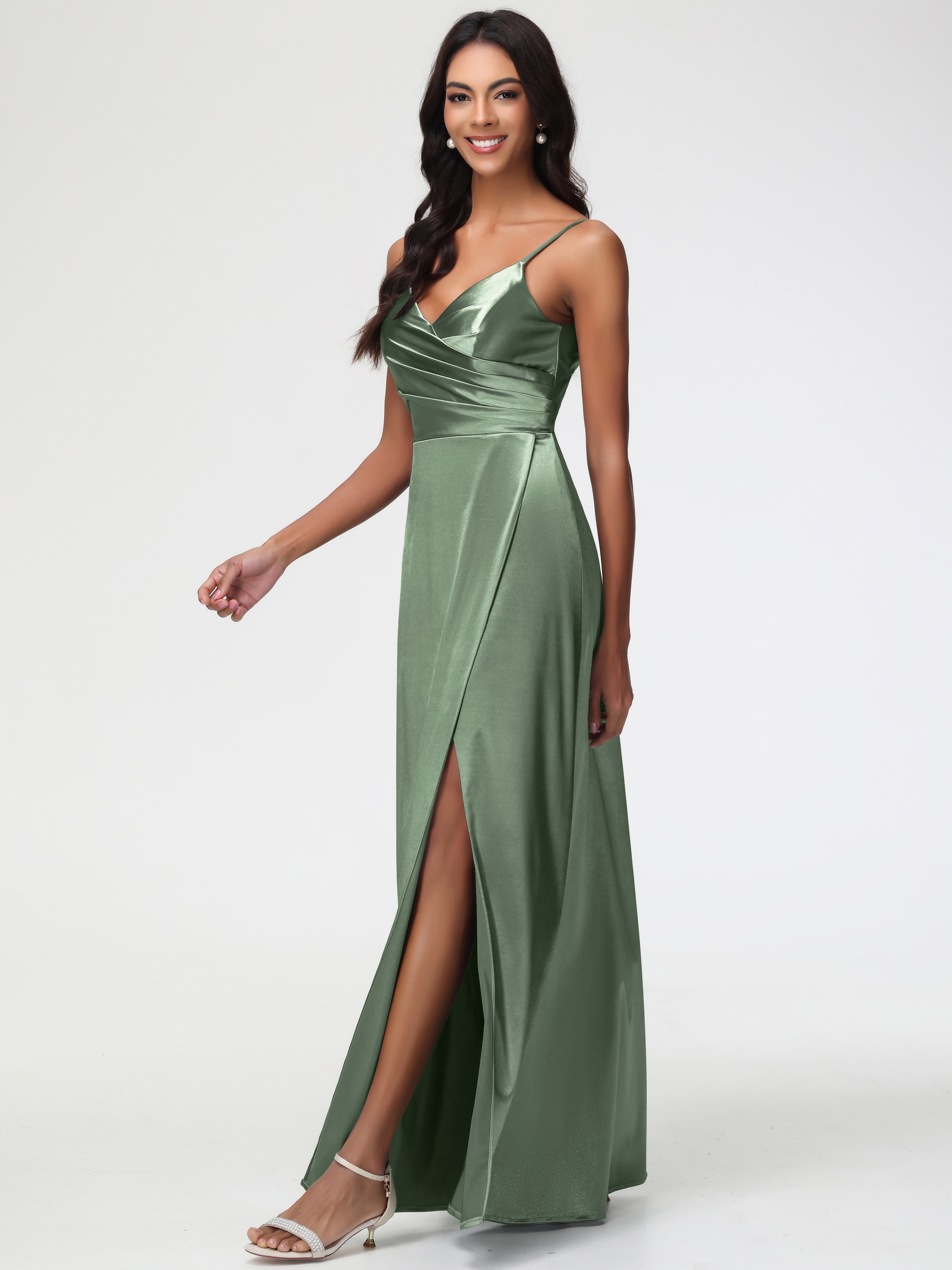 Robe Demoiselle D Honneur Sauge Poudrée Col V Satin Extensible Fendue Robe De Demoiselle D'Honneur Longue Plissée