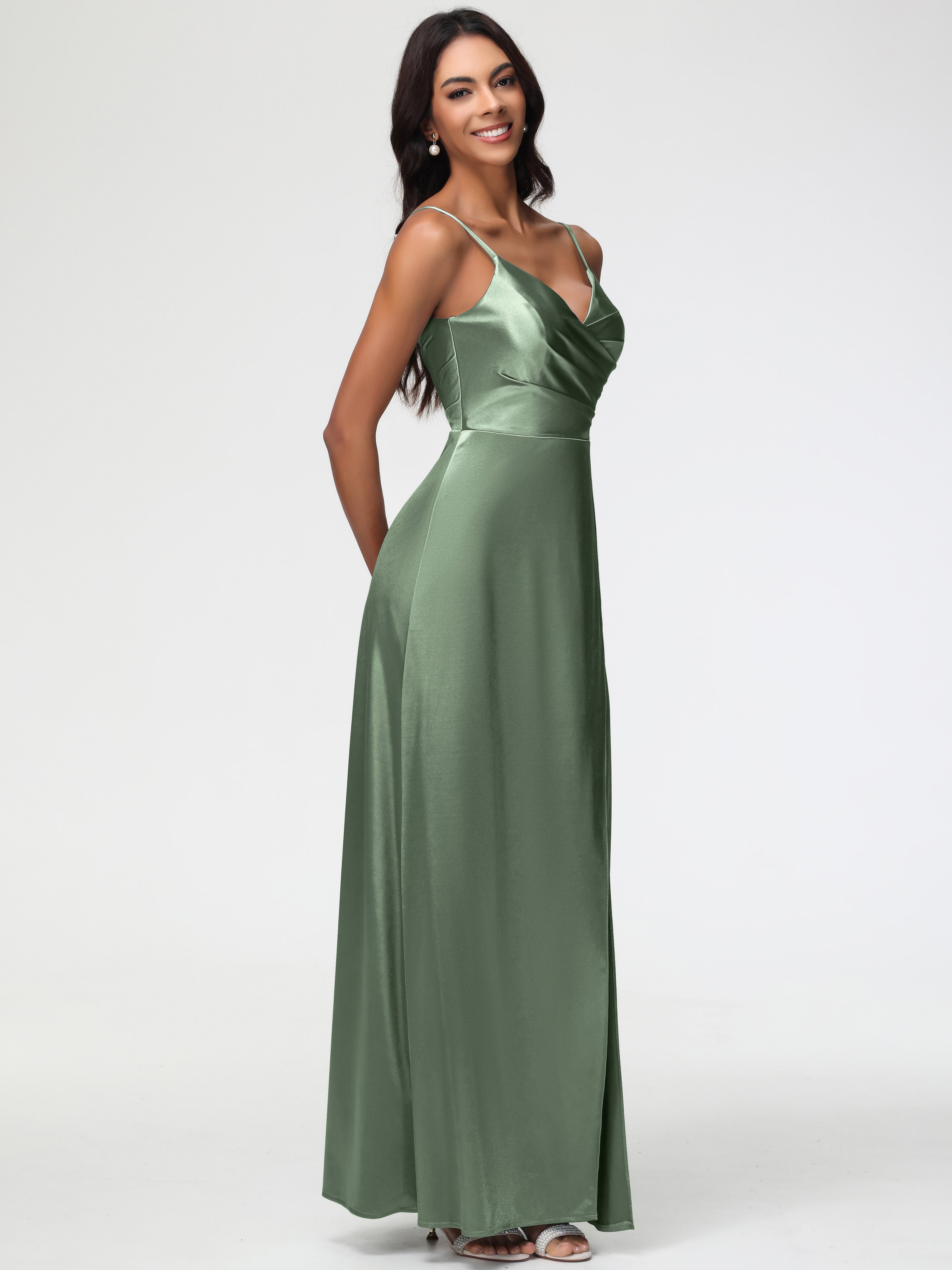 Robe Demoiselle D Honneur Sauge Poudrée Col V Satin Extensible Fendue Robe De Demoiselle D'Honneur Longue Plissée