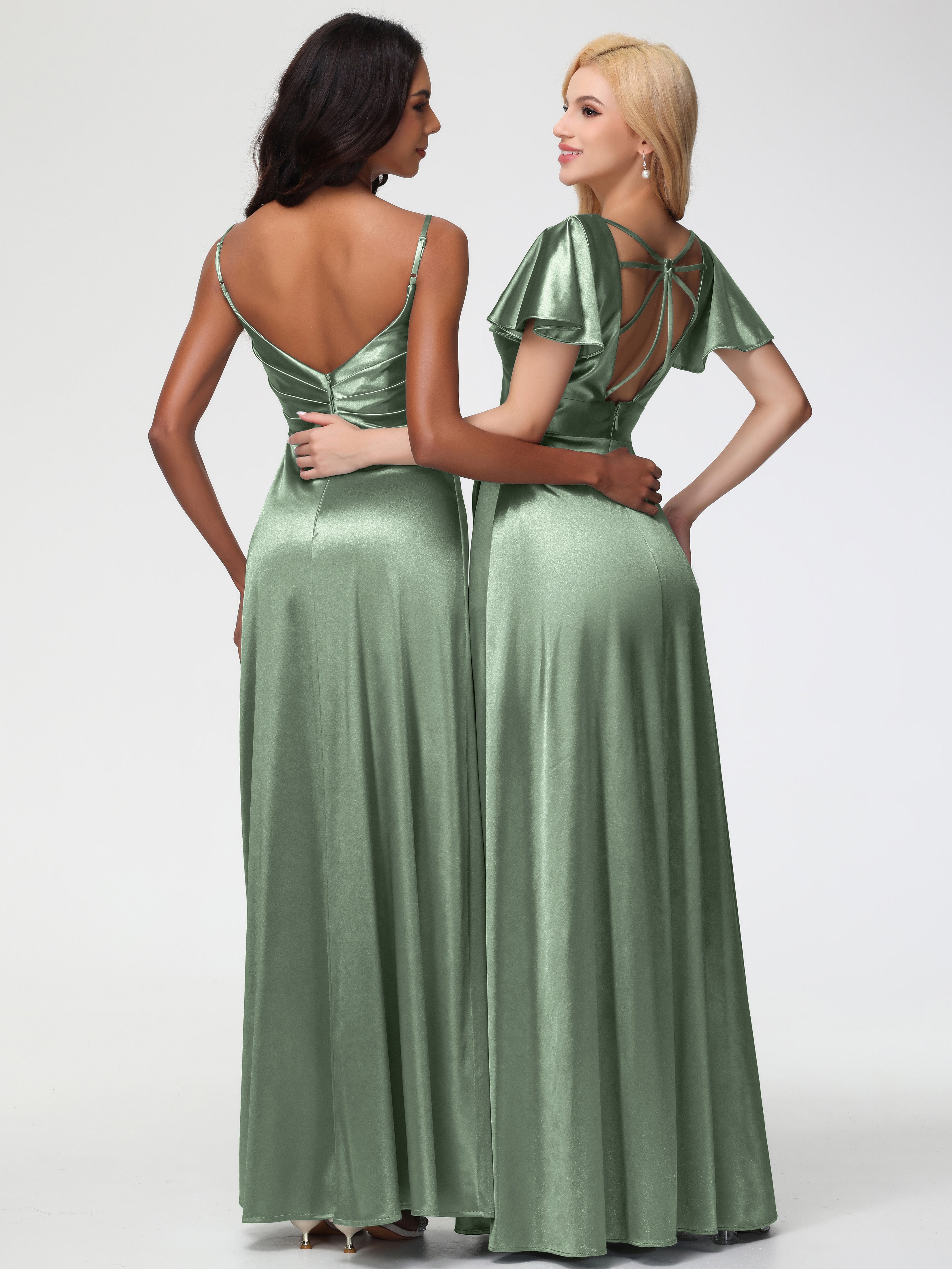 Robe Demoiselle D Honneur Sauge Poudrée Col V Satin Extensible Fendue Robe De Demoiselle D'Honneur Longue Plissée