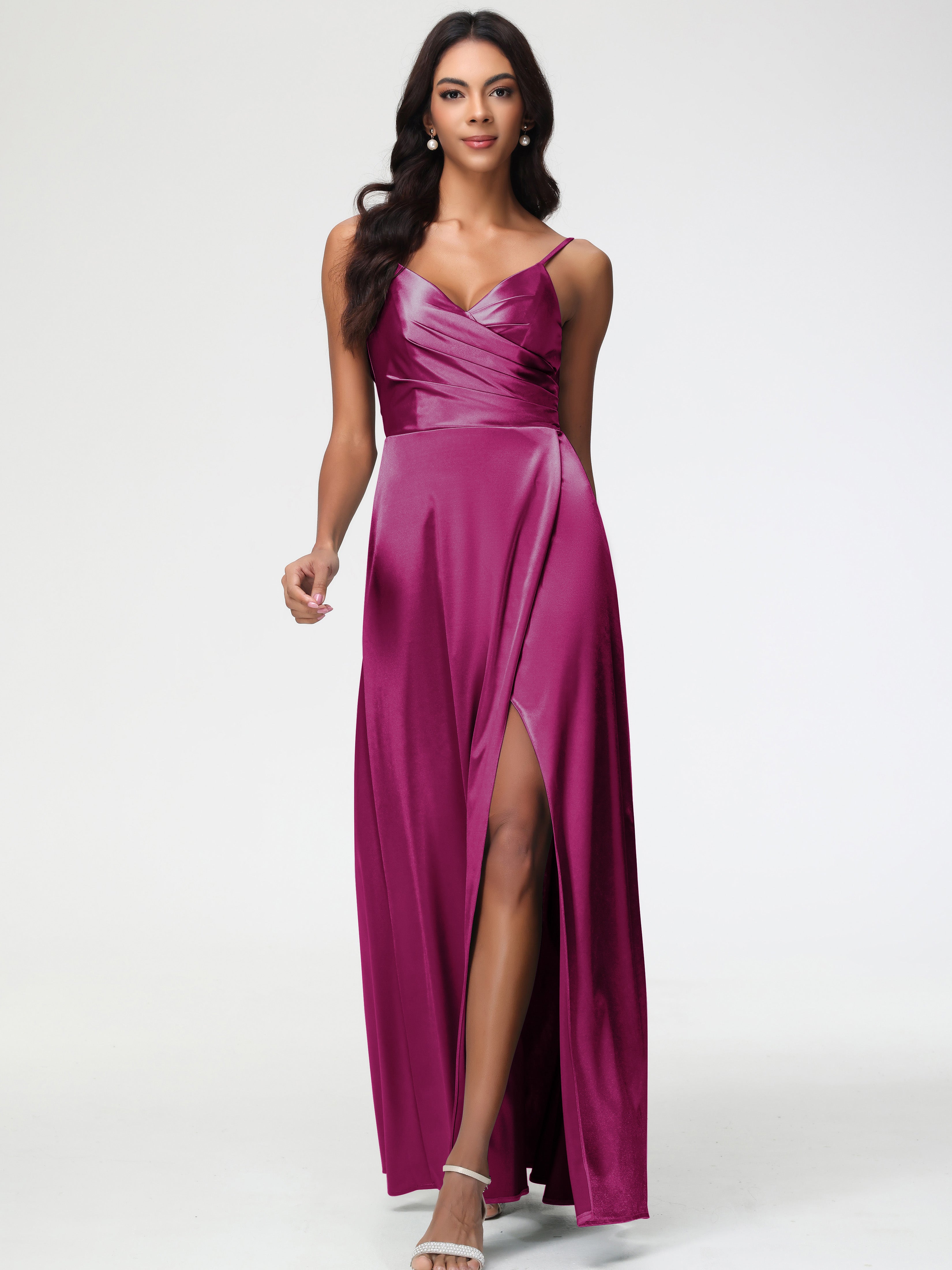 Robe Fuchsia Demoiselle D Honneur Col V Satin Extensible Fendue Robe De Demoiselle D'Honneur Longue Plissée