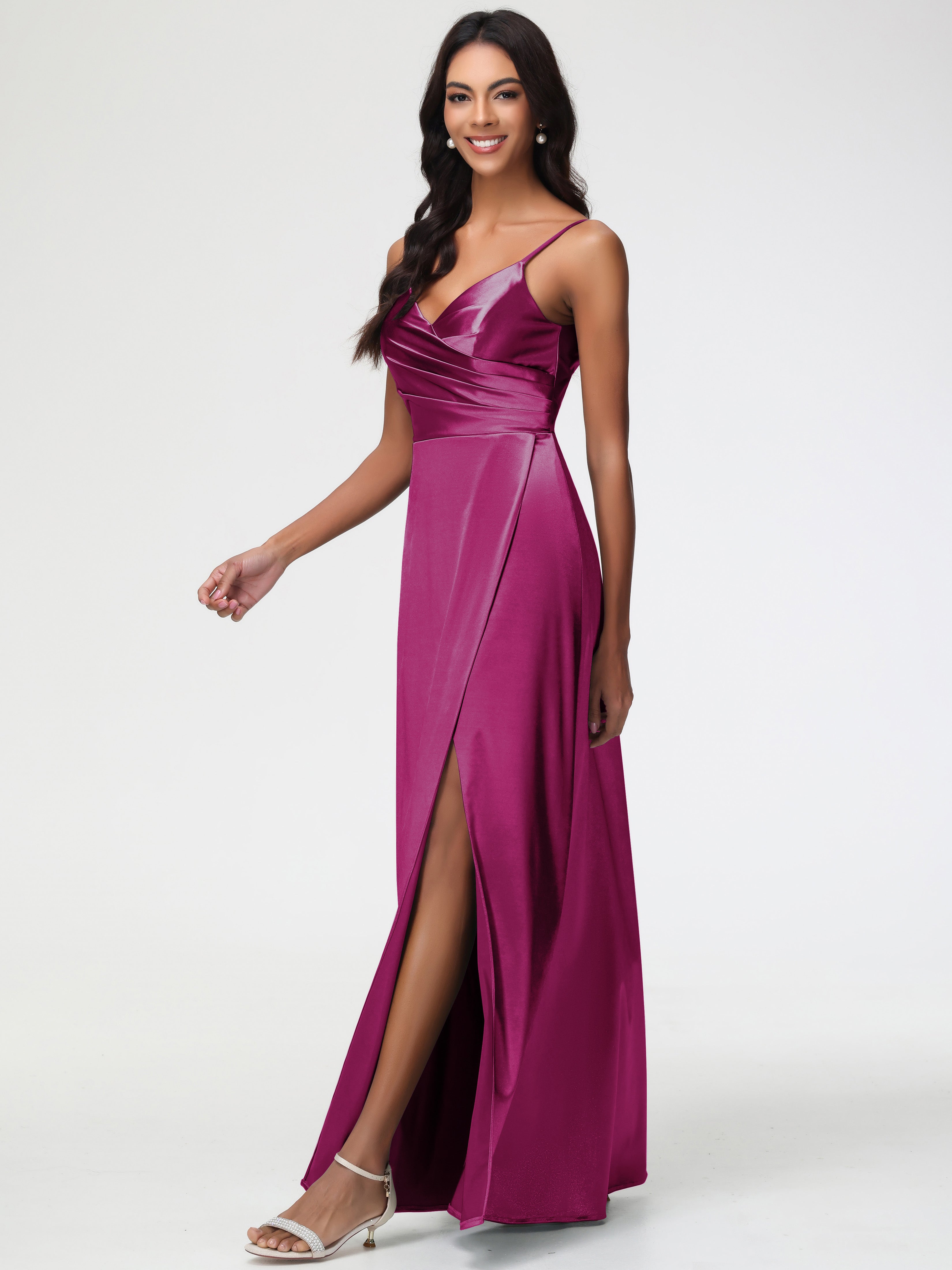 Robe Fuchsia Demoiselle D Honneur Col V Satin Extensible Fendue Robe De Demoiselle D'Honneur Longue Plissée