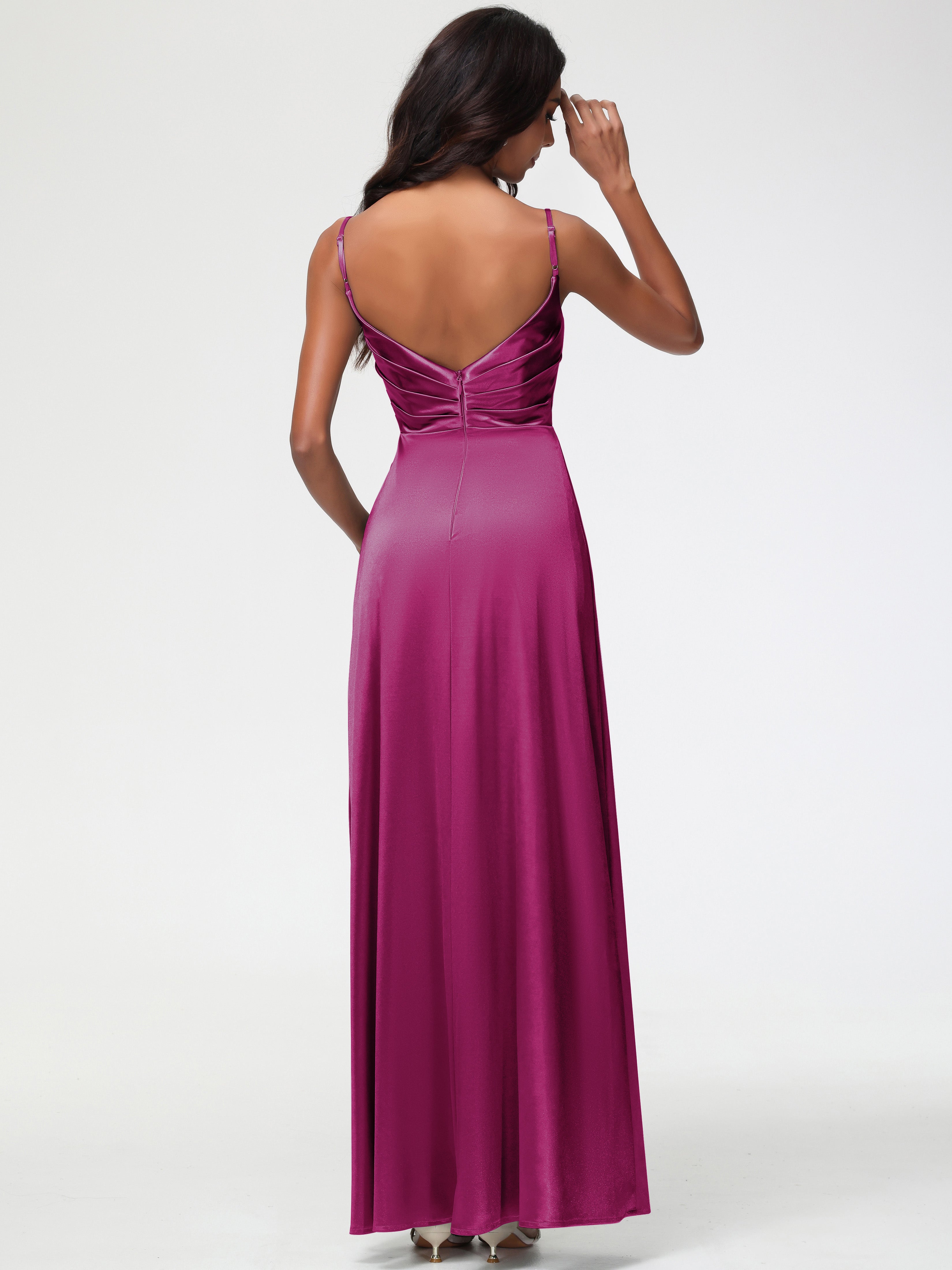 Robe Fuchsia Demoiselle D Honneur Col V Satin Extensible Fendue Robe De Demoiselle D'Honneur Longue Plissée