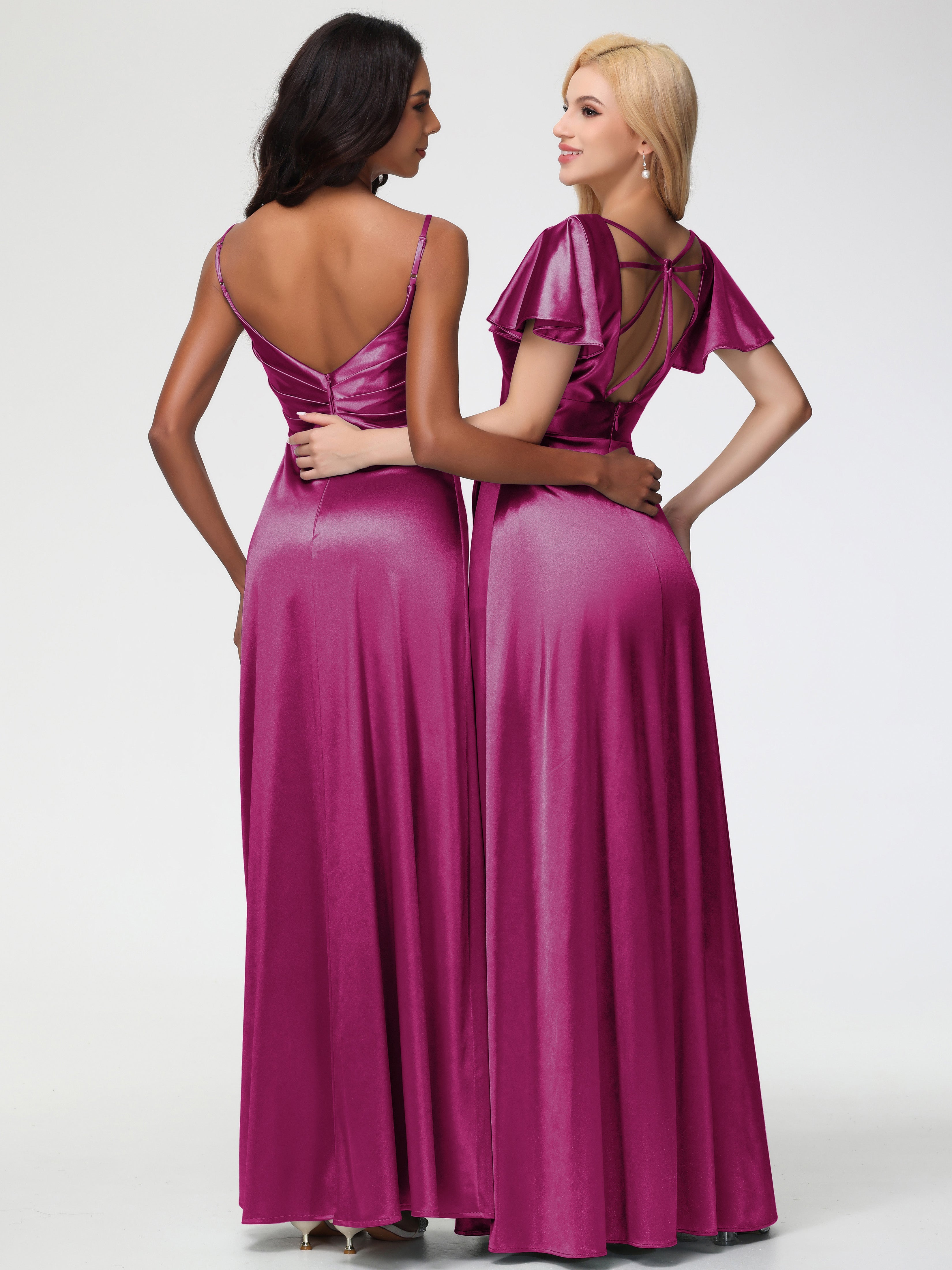 Robe Fuchsia Demoiselle D Honneur Col V Satin Extensible Fendue Robe De Demoiselle D'Honneur Longue Plissée