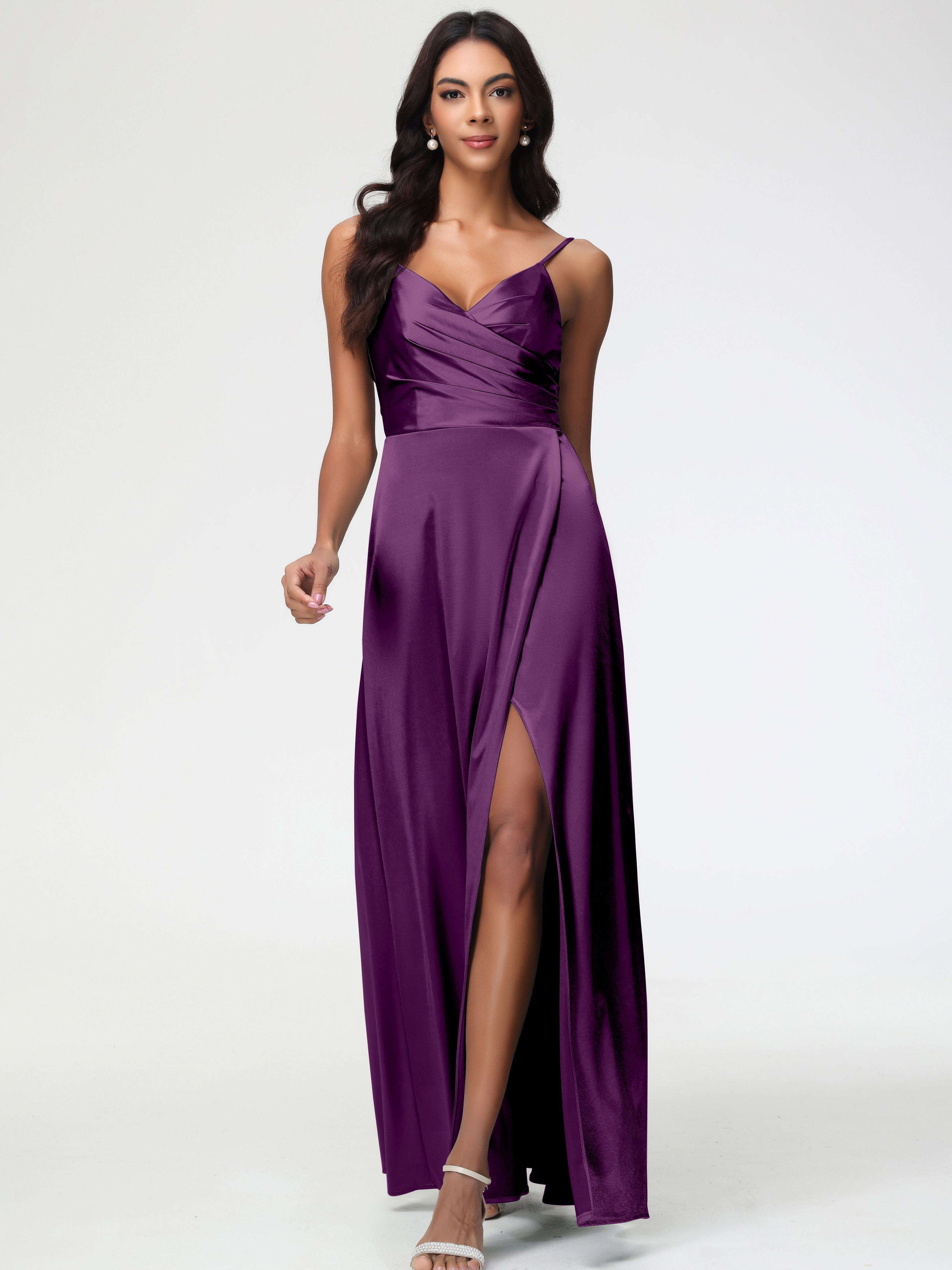 Robes De Demoiselle D'Honneur En Raisin Col V Satin Extensible Fendue Robe De Demoiselle D'Honneur Longue Plissée