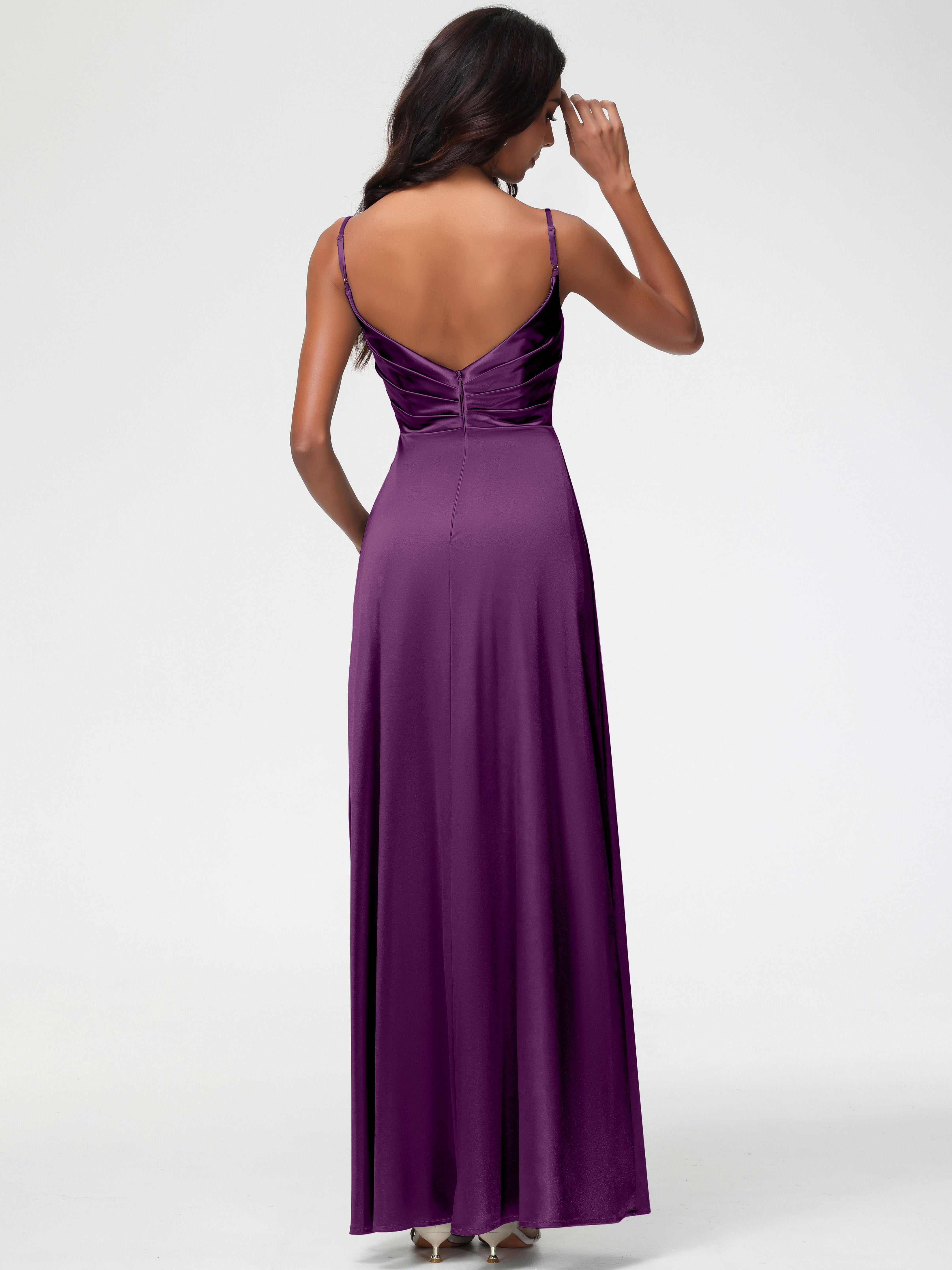 Robes De Demoiselle D'Honneur En Raisin Col V Satin Extensible Fendue Robe De Demoiselle D'Honneur Longue Plissée