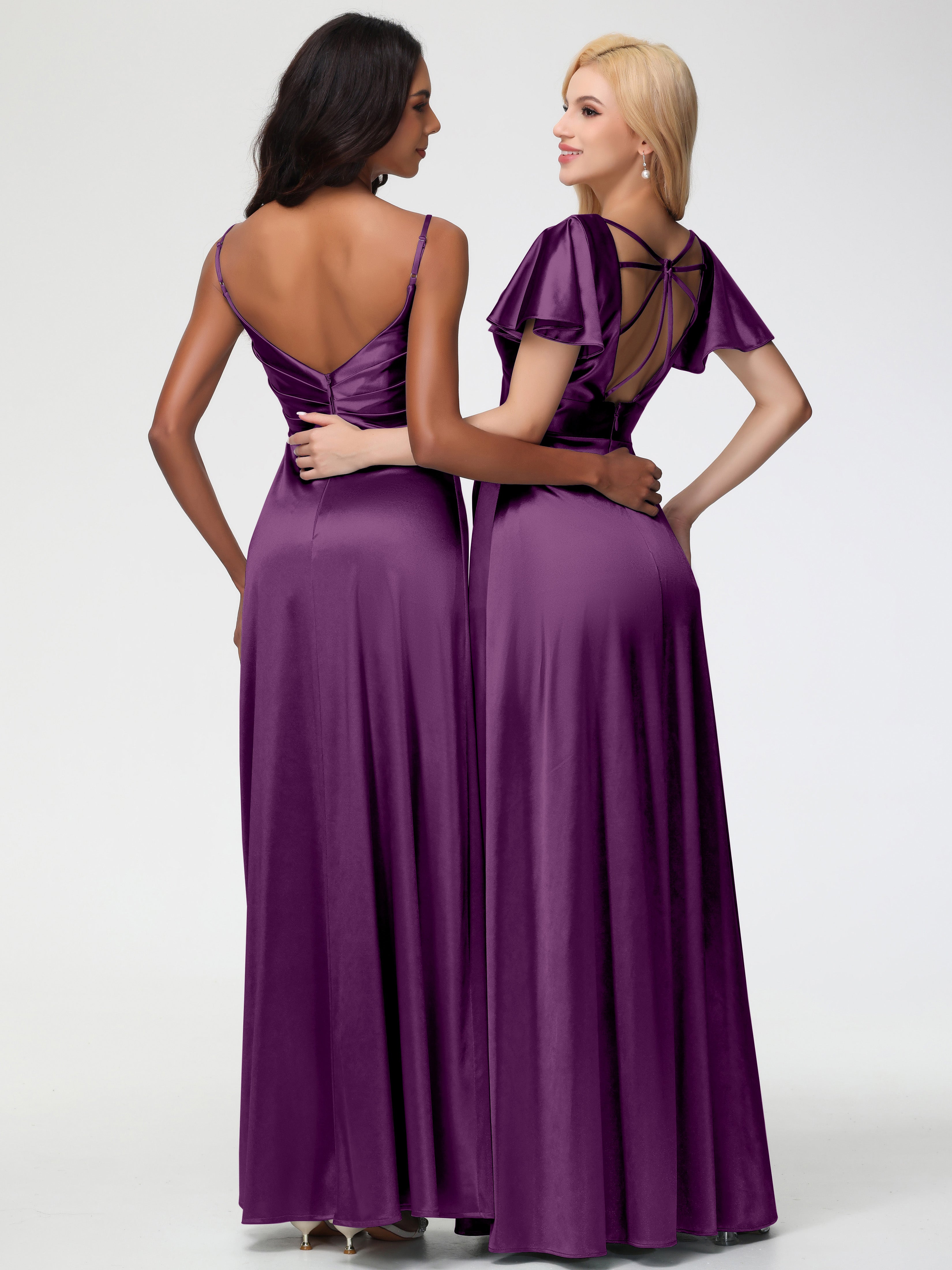 Robes De Demoiselle D'Honneur En Raisin Col V Satin Extensible Fendue Robe De Demoiselle D'Honneur Longue Plissée