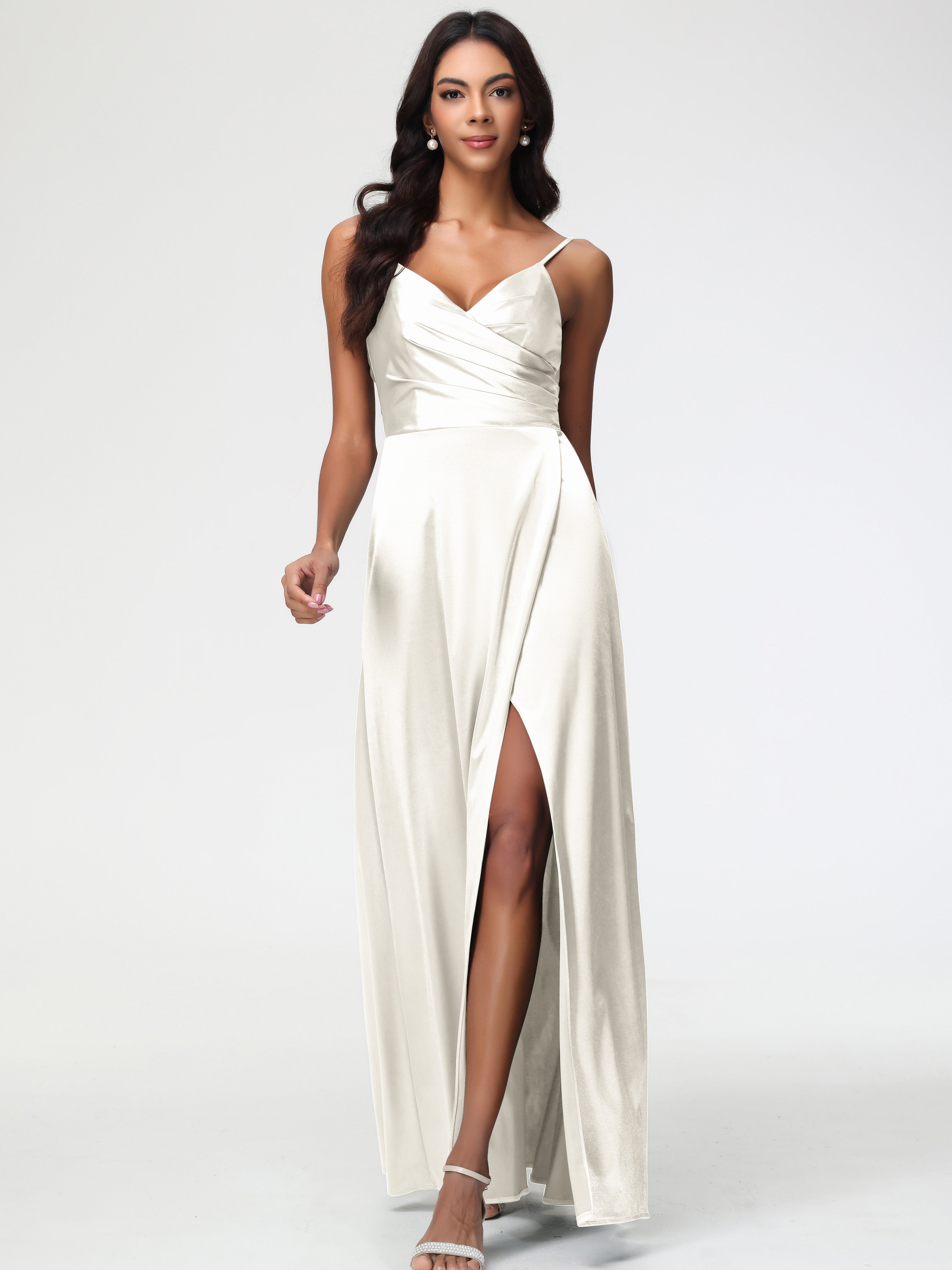 Robe Ivoire Demoiselle D Honneur Col V Satin Extensible Fendue Robe De Demoiselle D'Honneur Longue Plissée