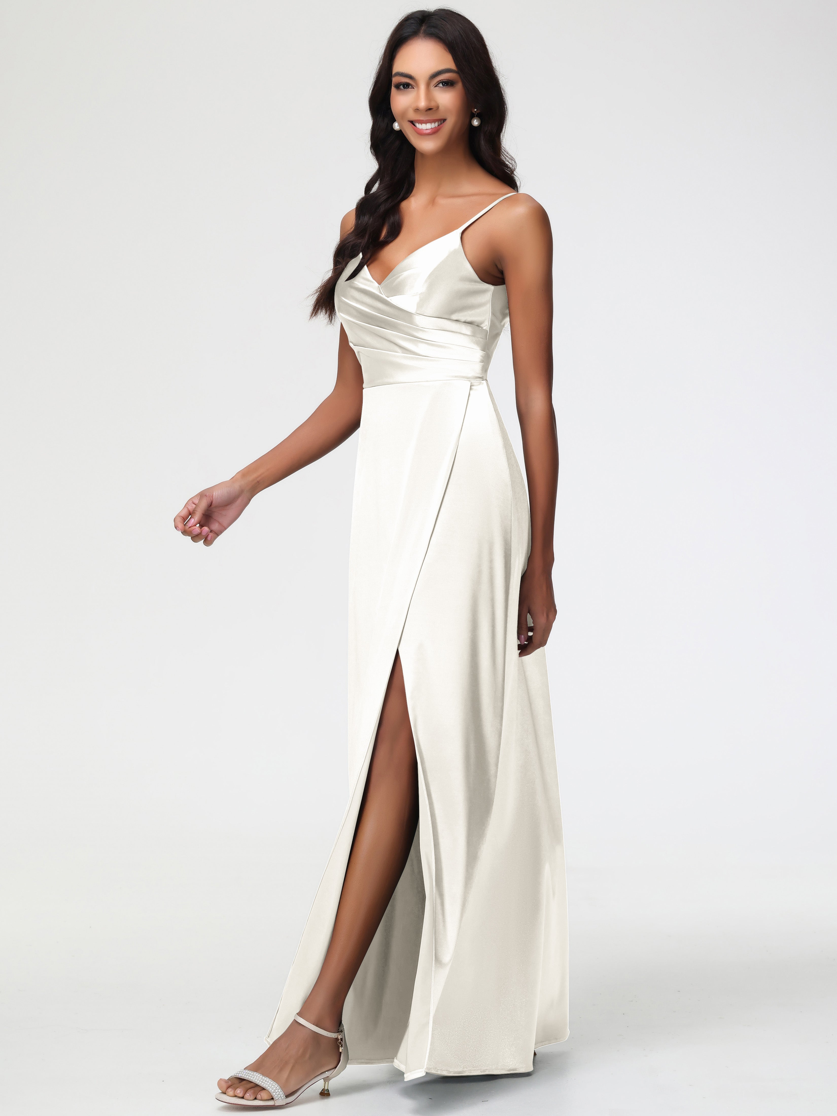 Robe Ivoire Demoiselle D Honneur Col V Satin Extensible Fendue Robe De Demoiselle D'Honneur Longue Plissée