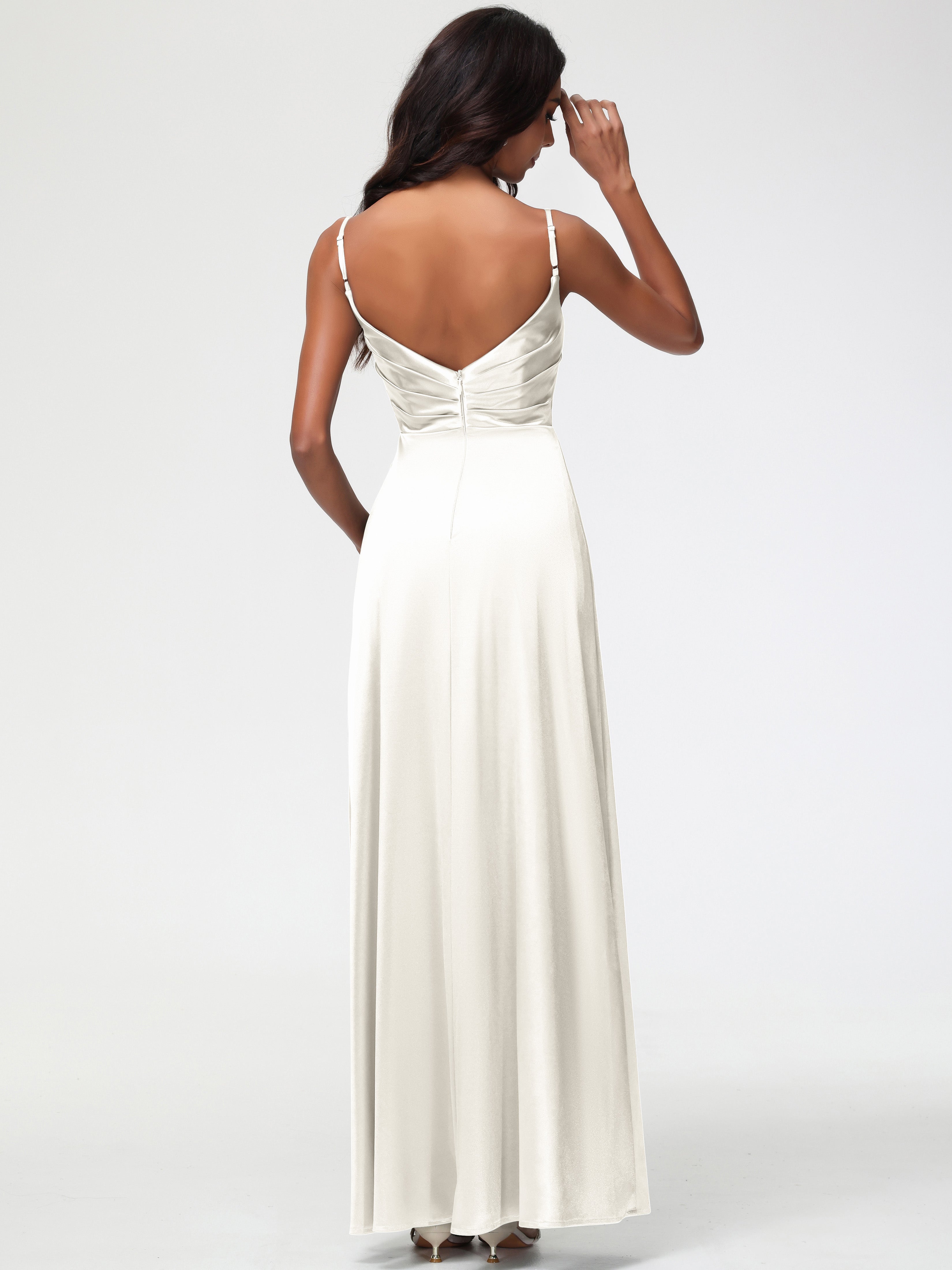 Robe Ivoire Demoiselle D Honneur Col V Satin Extensible Fendue Robe De Demoiselle D'Honneur Longue Plissée